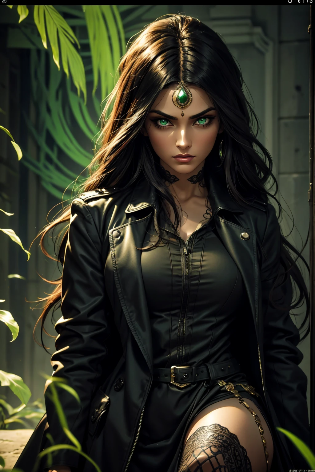 A stunning Indian beauty, with bright green eyes, dark brown-black long wavy hair, mesmerizing features with a scary expression, finely detailed eyes, angry mood masterpiece, top quality, best quality, official art, beautiful and aesthetic:1.2), (1girl), extreme detailed,(fractal art:1.3), colorful, highest detailed, (masterpiece, best quality:1.3) 1 bright-green-eyed woman, professional digital painting, Unreal Engine 5. Wearing a black-buttoned-up military-trench coat. Scary void dripping from body and face black magic swirling around. A deep red gemstone on the forehead. Arms up casting black magic from fingertips. Black smoke swirled around her.
