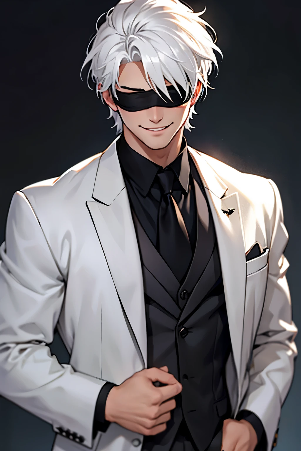 1boy, male focus, blindfold, smile, solo, white hair, shirt, black shirt, short hair, upper body, jacket, necktie, red jacket, hand up, gojou satoru, formal, black necktie, long sleeves, collared shirt, suit, indoors, grin, covered eyes, dress shirt, black blindfold, ((medium quality)), ((medium quality))