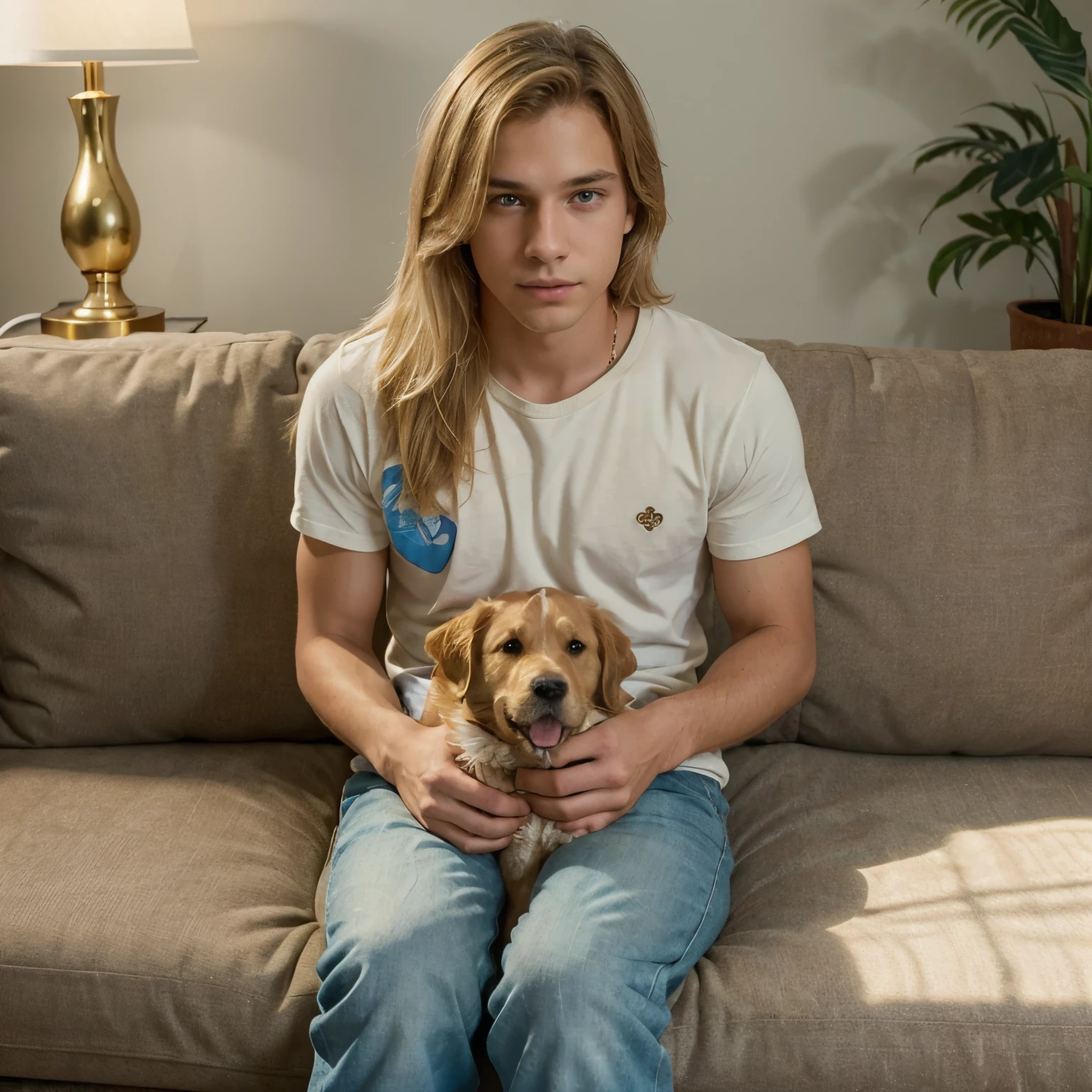(medium:portrait,realistic:1.1)Teenage boy with blonde hair and light-colored eyes, sitting on a sofa, holding a Golden Retriever in his lap. (best quality,photorealistic) The boy has a charming smile, and his eyes are filled with warmth and kindness. He has tousled blonde hair that falls naturally around his face. The intricate details of his hair, including individual strands and highlights, are captured in this artwork. The boy is wearing a casual outfit, with a comfortable T-shirt and jeans. (ultra-detailed) His eyes are beautifully detailed, showcasing a mix of different hues that reflect his vibrant personality. The light from the room softly illuminates his face, highlighting his flawless skin and bringing out the delicate contours of his features.

The sofa is plush and inviting, upholstered in a rich fabric that adds a touch of elegance to the scene. The warm color of the sofa complements the boy's vibrant personality and creates a harmonious composition. As he sits, he gently cradles a Golden Retriever in his lap, their deep bond evident in their relaxed and affectionate posture. The Golden Retriever's soft fur is meticulously captured, with each individual strand visible and inviting to touch. (ultra-fine painting) The dog's expressive eyes mirror the boy's warm gaze, creating a captivating connection between the two subjects.

The artwork captures a moment of tranquility, with the boy and the dog enjoying each other's company in the comforts of their home. The lighting in the scene is soft and natural, casting gentle shadows that add depth and dimension to the composition. The overall color palette is warm and inviting, with a mix of earthy tones that evoke a sense of coziness and familiarity.

This portrait aims to convey the warmth, love, and companionship shared between a teenage boy and his beloved Golden Retriever. The attention to detail and the high level of realism in this artwork make it a true masterpiece, capturing not just the physical likene