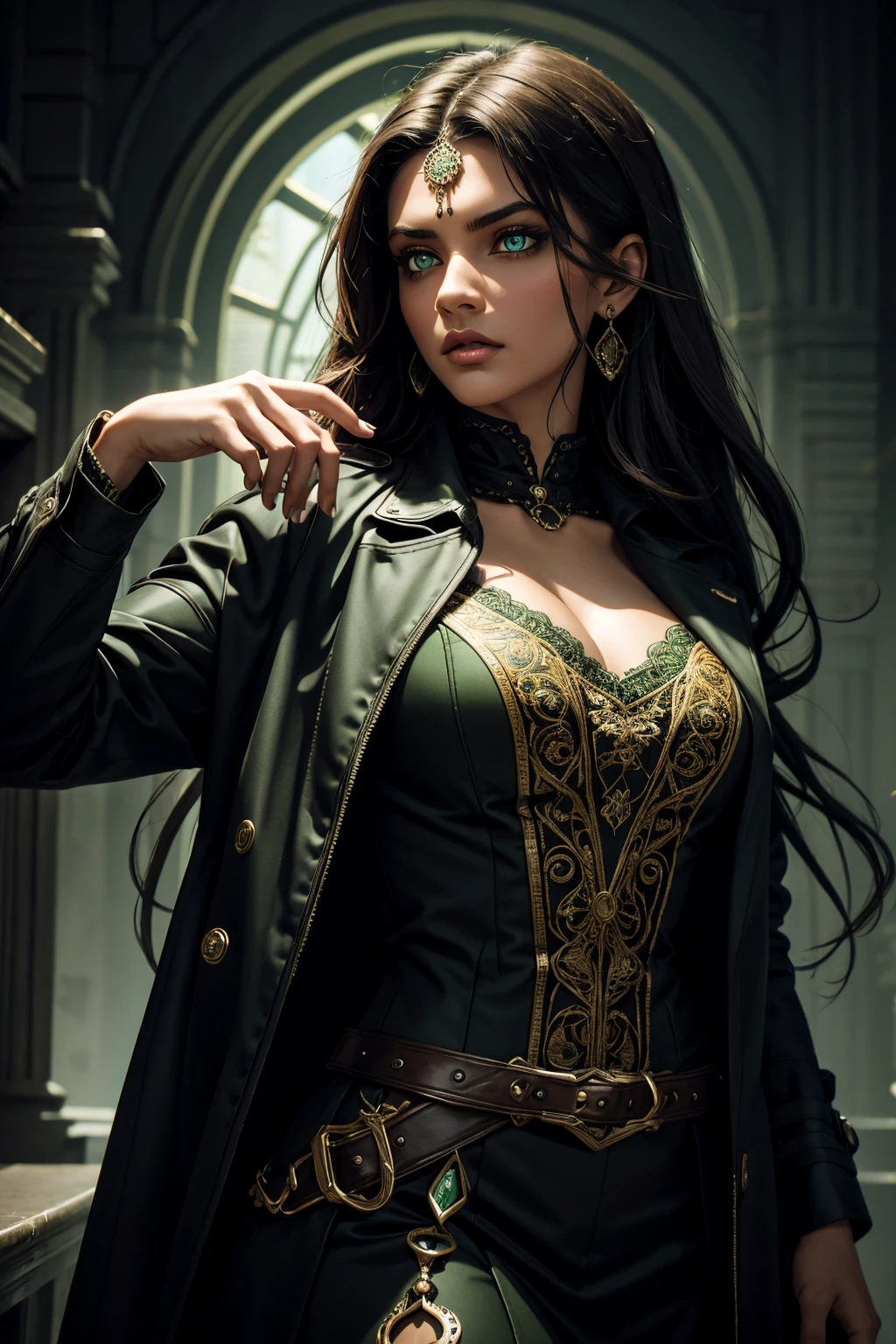 A stunning Indian beauty, with bright green eyes, dark brown-black long wavy hair, mesmerizing features with a scary expression, finely detailed eyes, angry mood masterpiece, top quality, best quality, official art, beautiful and aesthetic:1.2), (1girl), extreme detailed,(fractal art:1.3), colorful, highest detailed, (masterpiece, best quality:1.3) 1 bright-green-eyed woman, professional digital painting, Unreal Engine 5. Wearing a black-buttoned-up military-trench coat. Scary void dripping from body and face black magic swirling around. A deep red gemstone on the forehead. Arms up casting black magic from fingertips. Black smoke swirled around her.
