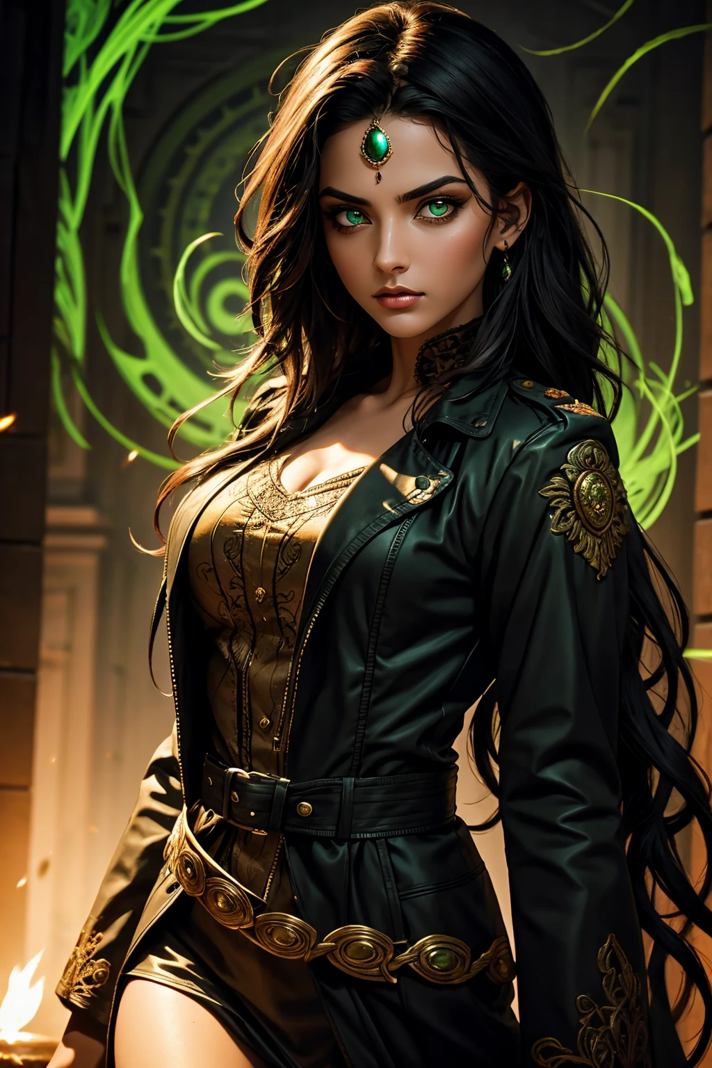 A stunning Indian beauty, with bright green eyes, dark brown-black long wavy hair, mesmerizing features with a scary expression, finely detailed eyes, angry mood masterpiece, top quality, best quality, official art, beautiful and aesthetic:1.2), (1girl), extreme detailed,(fractal art:1.3), colorful, highest detailed, (masterpiece, best quality:1.3) 1 bright-green-eyed woman, professional digital painting, Unreal Engine 5. Wearing a black-buttoned-up military-trench coat. Scary void dripping from body and face black magic swirling around. A deep red gemstone on the forehead. Arms up casting black magic from fingertips. Black smoke swirled around her.
