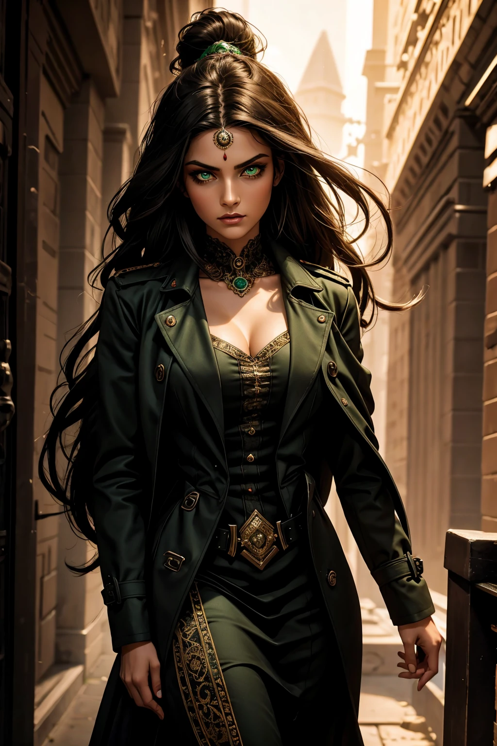 A stunning Indian beauty, with bright green eyes, dark brown-black long wavy hair, mesmerizing features with a scary expression, finely detailed eyes, angry mood masterpiece, top quality, best quality, official art, beautiful and aesthetic:1.2), (1girl), extreme detailed,(fractal art:1.3), colorful, highest detailed, (masterpiece, best quality:1.3) 1 bright-green-eyed woman, professional digital painting, Unreal Engine 5. Wearing a black-buttoned-up military-trench coat. Scary void dripping from body and face black magic swirling around. A deep red gemstone on the forehead. Arms up casting black magic from fingertips. Black smoke swirled around her.
