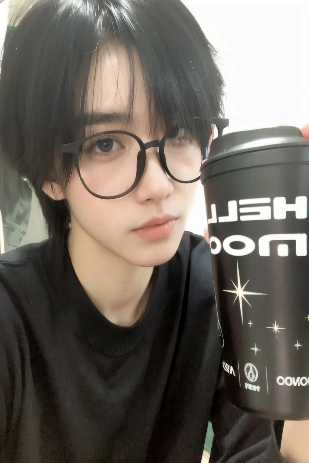 there is a young man con gafas holding a coffee cup, pintar ulzzang, jinyoung shin, cai xukun, ulzzang, con gafas, usando gafas redondas grandes y delgadas, xisionwu, yanjun chengt, chen xintong, kim doyoung, guweiz, con lentes negros, hong junio hyung, sui ishida con cabello negro