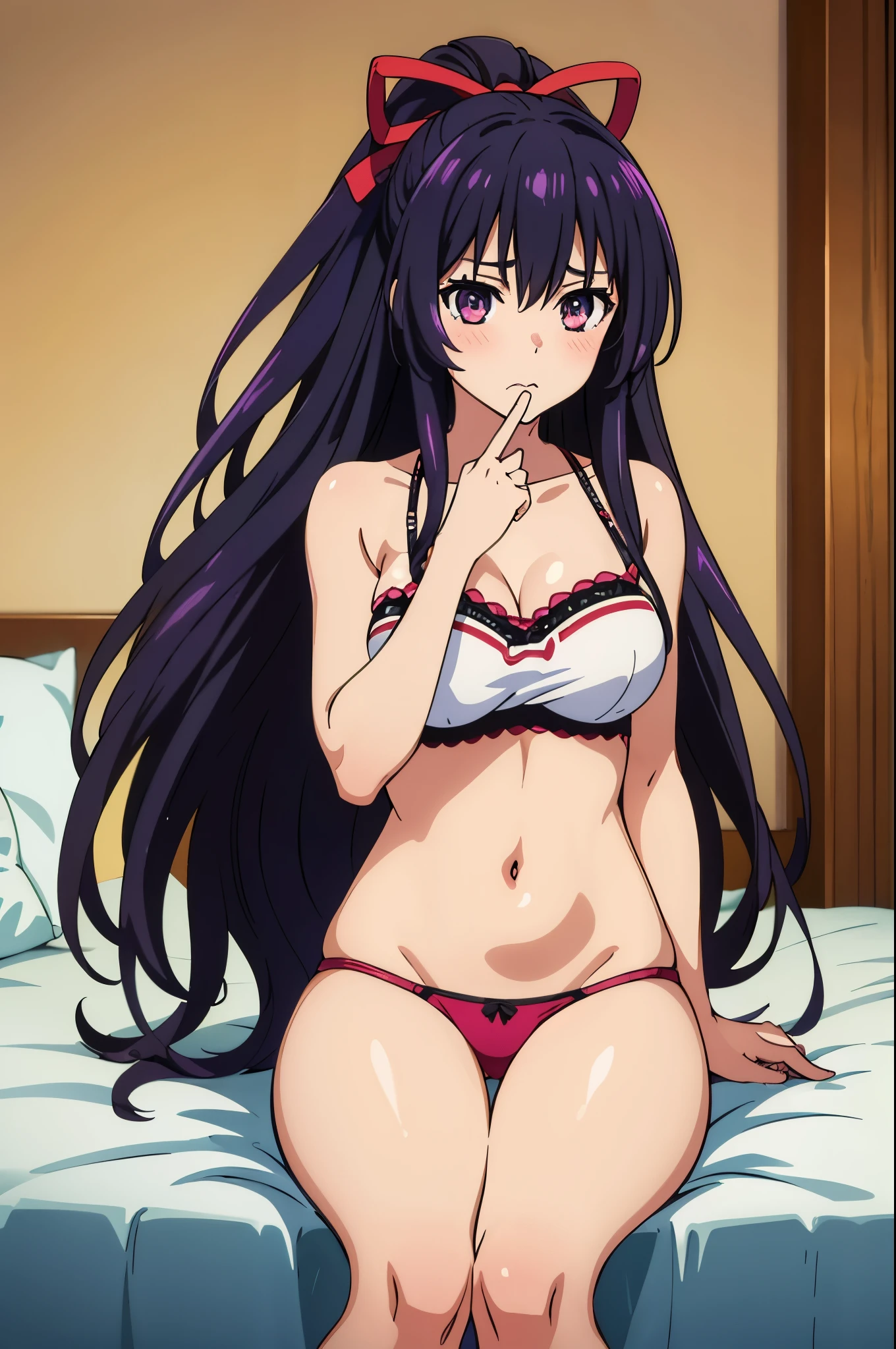 (extremely detailed CG unity 4k wallpaper), (masterpiece), (best quality), (ultra detailed), (best illustration), (best shadow), (absurdities), (detailed background) Tohka Yatogami, 1 girl, alone, long hair, purple hair, purple eyes, very long hair, ponytail, red ribbon, headband, perfect body, (photorealistic: 1.1, soft CG texture), (blunt bangs, long hair, eyelashes), point of view , close-up, mouth ajar, big breasts, seductive, embarrassed, blushing, nipslip, sitting, in bed, legs open, looking at viewer, indoors, bedroom, (bra, panties)