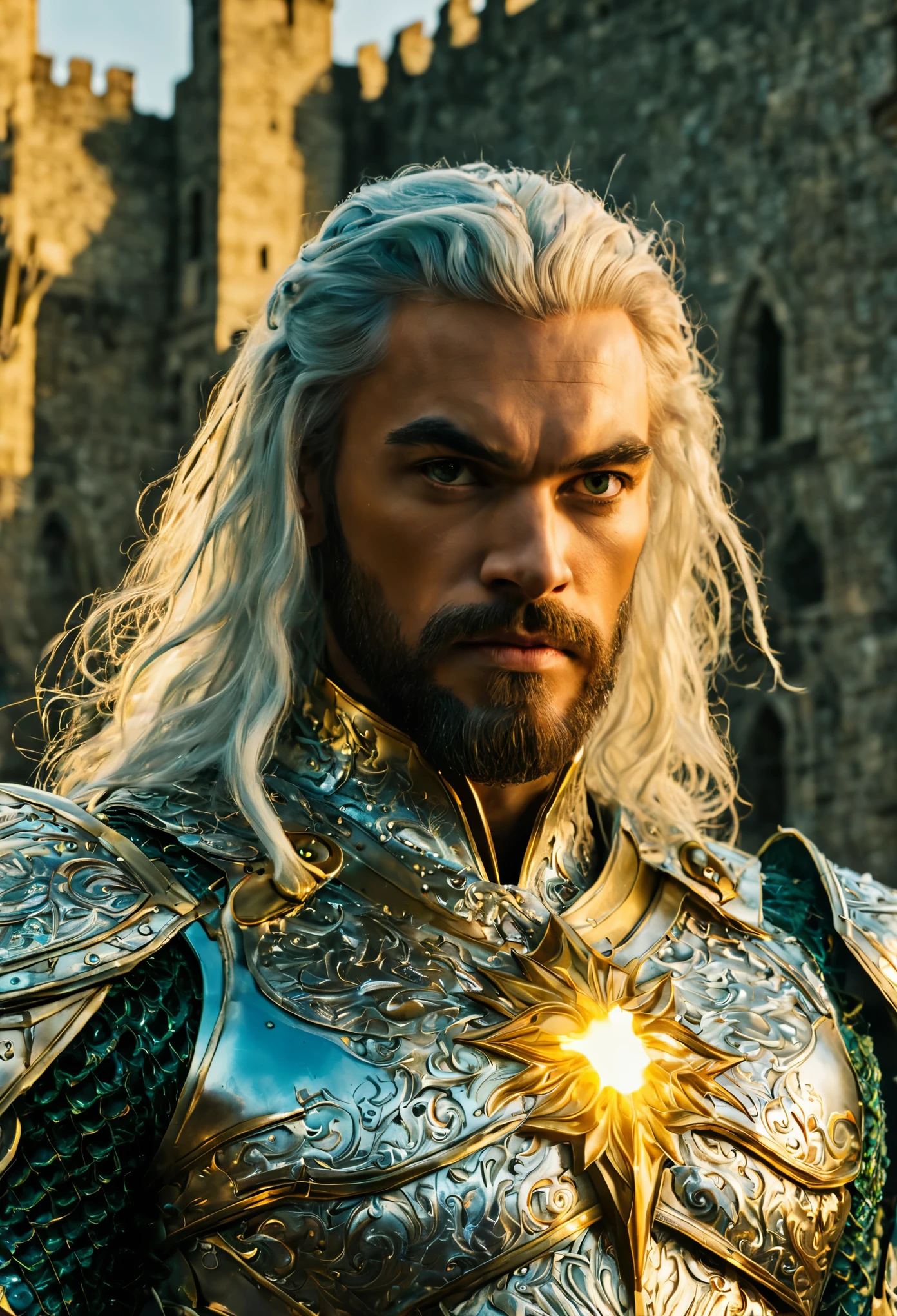 Aquaman with green pupils, long bluish white hair, confident expression, wearing beautiful silver armor with golden patterns all over the armor, exuding a dark yellow glow, In the background, a medieval castle