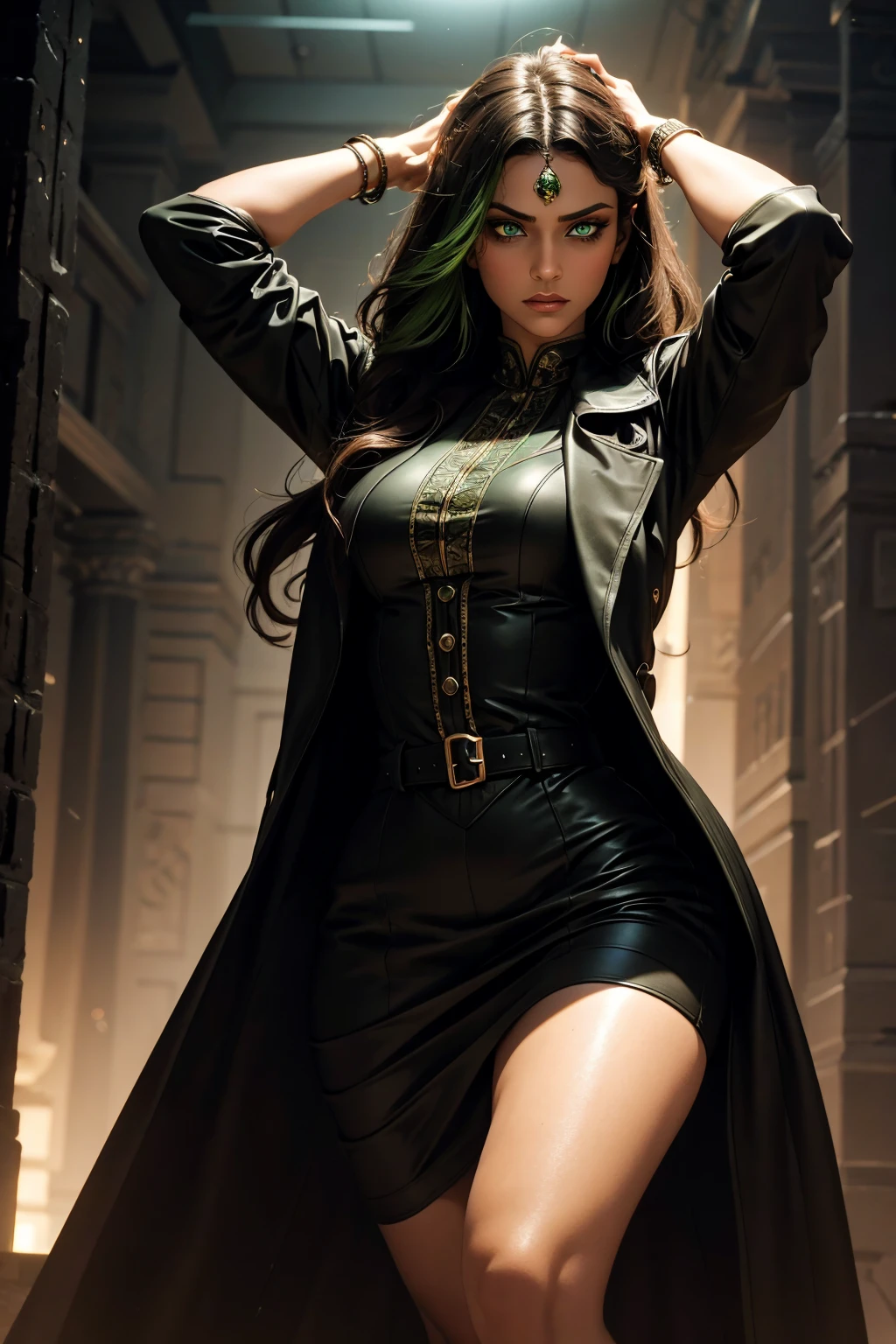 A stunning Indian beauty, with bright green eyes, dark brown-black long wavy hair, mesmerizing features with a scary expression, finely detailed eyes, angry mood masterpiece, top quality, best quality, official art, beautiful and aesthetic:1.2), (1girl), extreme detailed,(fractal art:1.3), colorful, highest detailed, (masterpiece, best quality:1.3) 1 bright-green-eyed woman, professional digital painting, Unreal Engine 5. Wearing a black-buttoned-up military-trench coat. Scary void dripping from body and face black magic swirling around. A deep red gemstone on the forehead. Arms up casting black magic from fingertips. Black smoke swirled around her.
