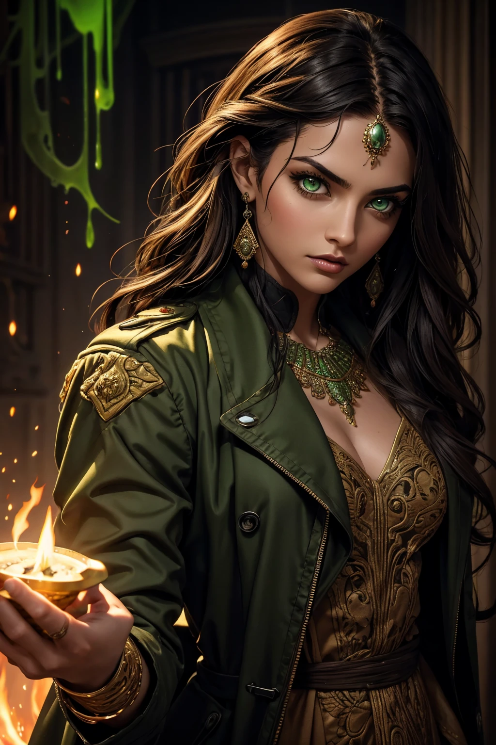 A stunning Indian beauty, with bright green eyes, dark brown-black long wavy hair, mesmerizing features with a scary expression, finely detailed eyes, angry mood masterpiece, top quality, best quality, official art, beautiful and aesthetic:1.2), (1girl), extreme detailed,(fractal art:1.3), colorful, highest detailed, (masterpiece, best quality:1.3) 1 bright-green-eyed woman, professional digital painting, Unreal Engine 5. Wearing a black-buttoned-up military-trench coat. Scary void dripping from body and face black magic swirling around. A deep red gemstone on the forehead. Arms up casting black magic from fingertips. Black smoke swirled around her.
