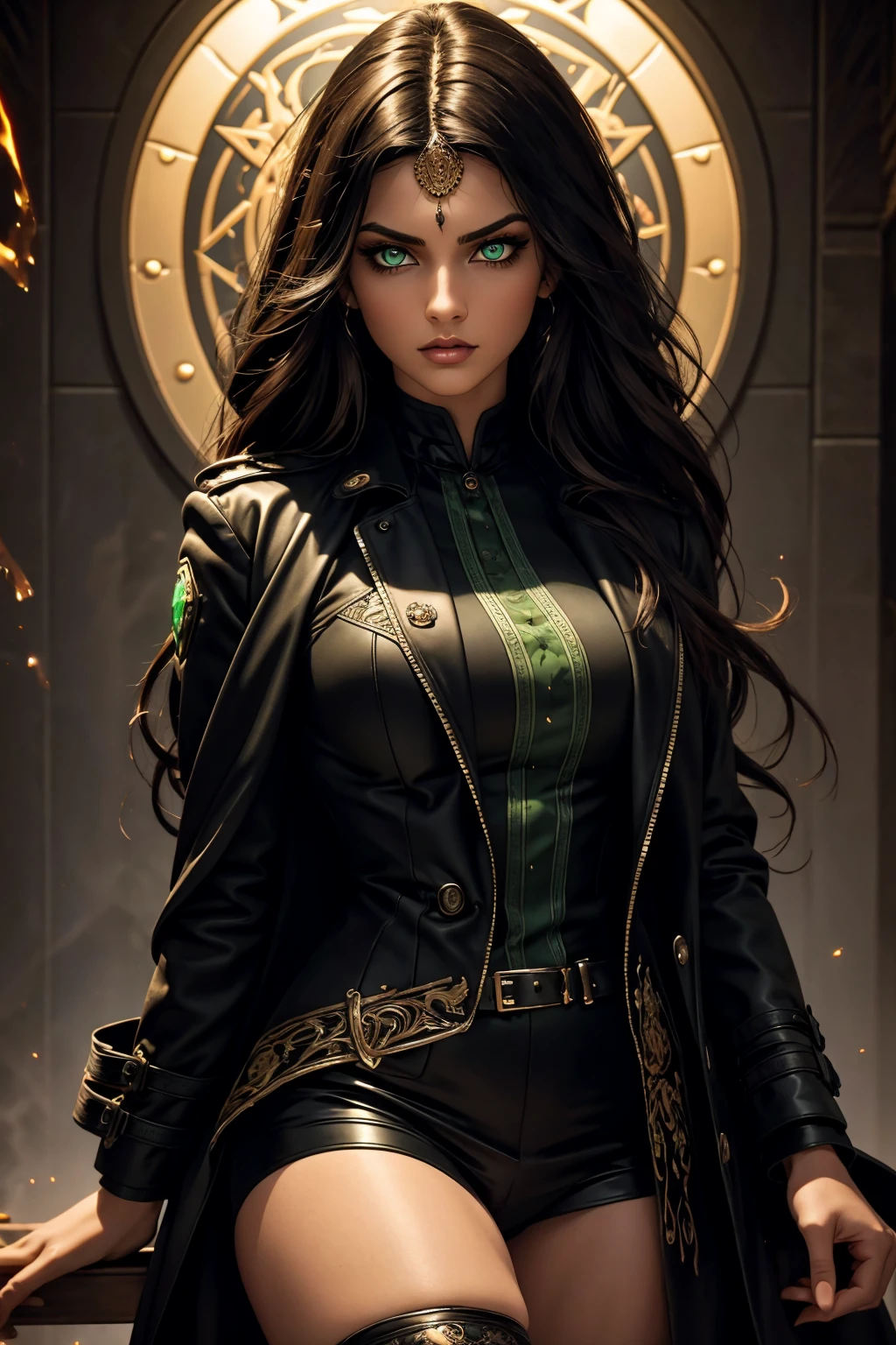 A stunning Indian beauty, with bright green eyes, dark brown-black long wavy hair, mesmerizing features with a scary expression, finely detailed eyes, angry mood masterpiece, top quality, best quality, official art, beautiful and aesthetic:1.2), (1girl), extreme detailed,(fractal art:1.3), colorful, highest detailed, (masterpiece, best quality:1.3) 1 bright-green-eyed woman, professional digital painting, Unreal Engine 5. Wearing a black-buttoned-up military-trench coat. Scary void dripping from body and face black magic swirling around. A deep red gemstone on the forehead. Arms up casting black magic from fingertips. Black smoke swirled around her.

