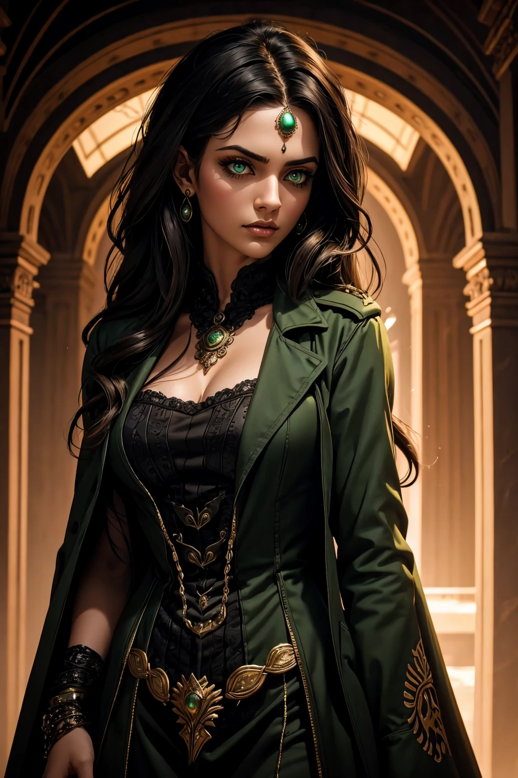 A stunning Indian beauty, with bright green eyes, dark brown-black long wavy hair, mesmerizing features with a scary expression, finely detailed eyes, angry mood masterpiece, top quality, best quality, official art, beautiful and aesthetic:1.2), (1girl), extreme detailed,(fractal art:1.3), colorful, highest detailed, (masterpiece, best quality:1.3) 1 bright-green-eyed woman, professional digital painting, Unreal Engine 5. Wearing a black-buttoned-up military-trench coat. Scary void dripping from body and face black magic swirling around. A deep red gemstone on the forehead. Arms up casting black magic from fingertips. Black smoke swirled around her.
