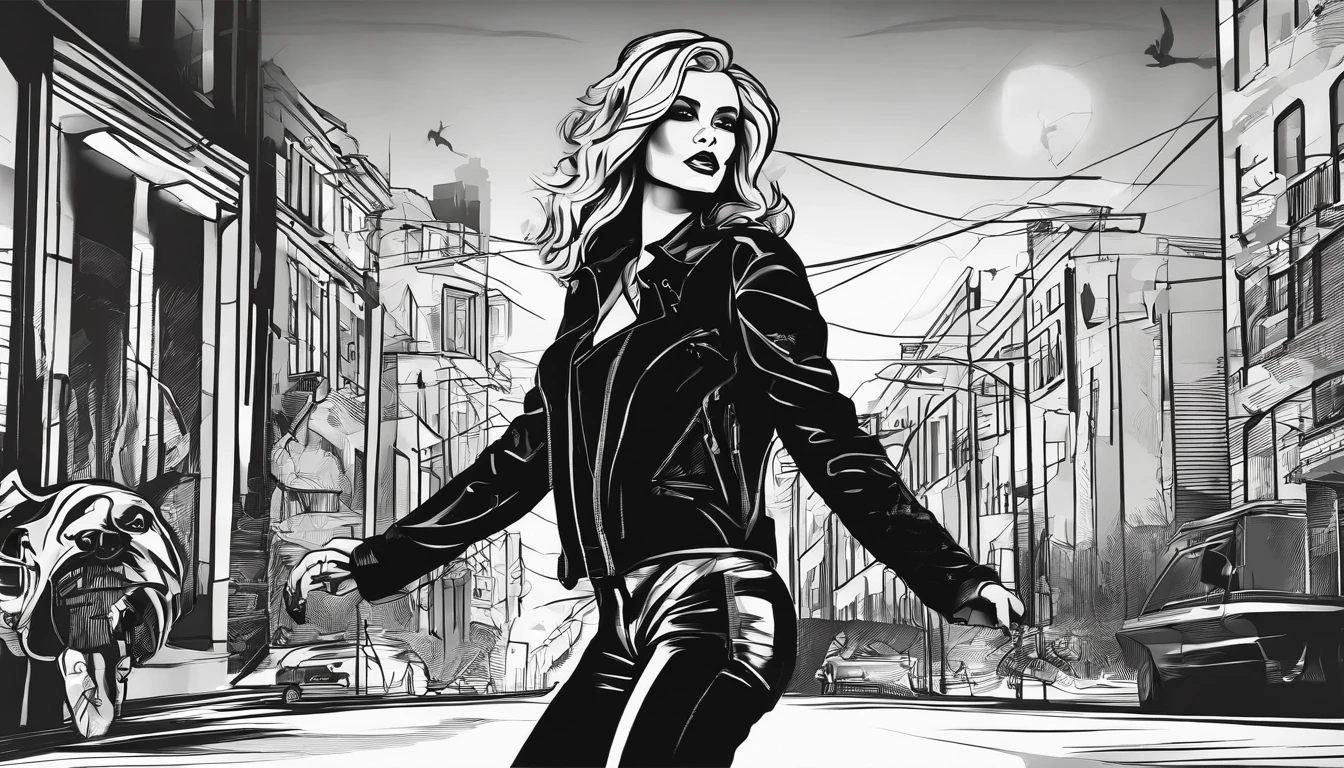 (realistic:1.37),sexy, blond hair, emerald green eyes, a couple tattoos, leather jacket,1girl,beautiful detailed eyes,beautiful detailed lips,vivid colors,dramatic lighting,colored hair,high heels,confident pose,fierce expression,long legs,edgy background,urban setting,city lights,nighttime scenery,graffiti-covered walls,striking contrast,bold shadows,seductive atmosphere,distinctive tattoo,