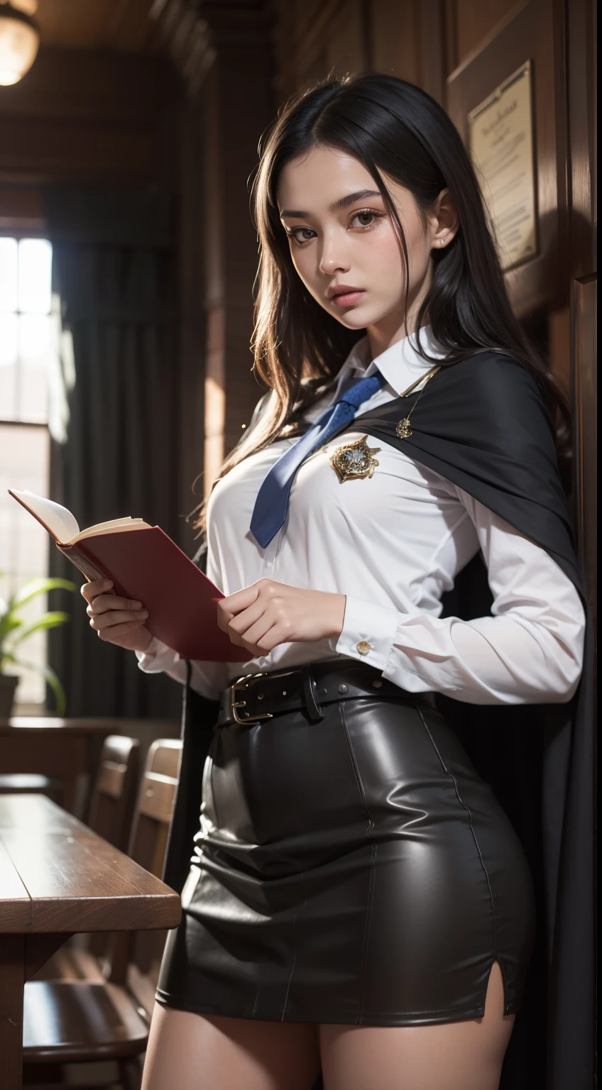"((photorealism, high quality, detailing)), (half of the body) slender girl, Feminine appearance, student magician-alchemist (magic academy student, student uniform), dark hair below shoulders, A European view, modernity, fluffy skirt (Made of fabric) with belt, long black cloak, magical atmosphere, Academy of Magic".