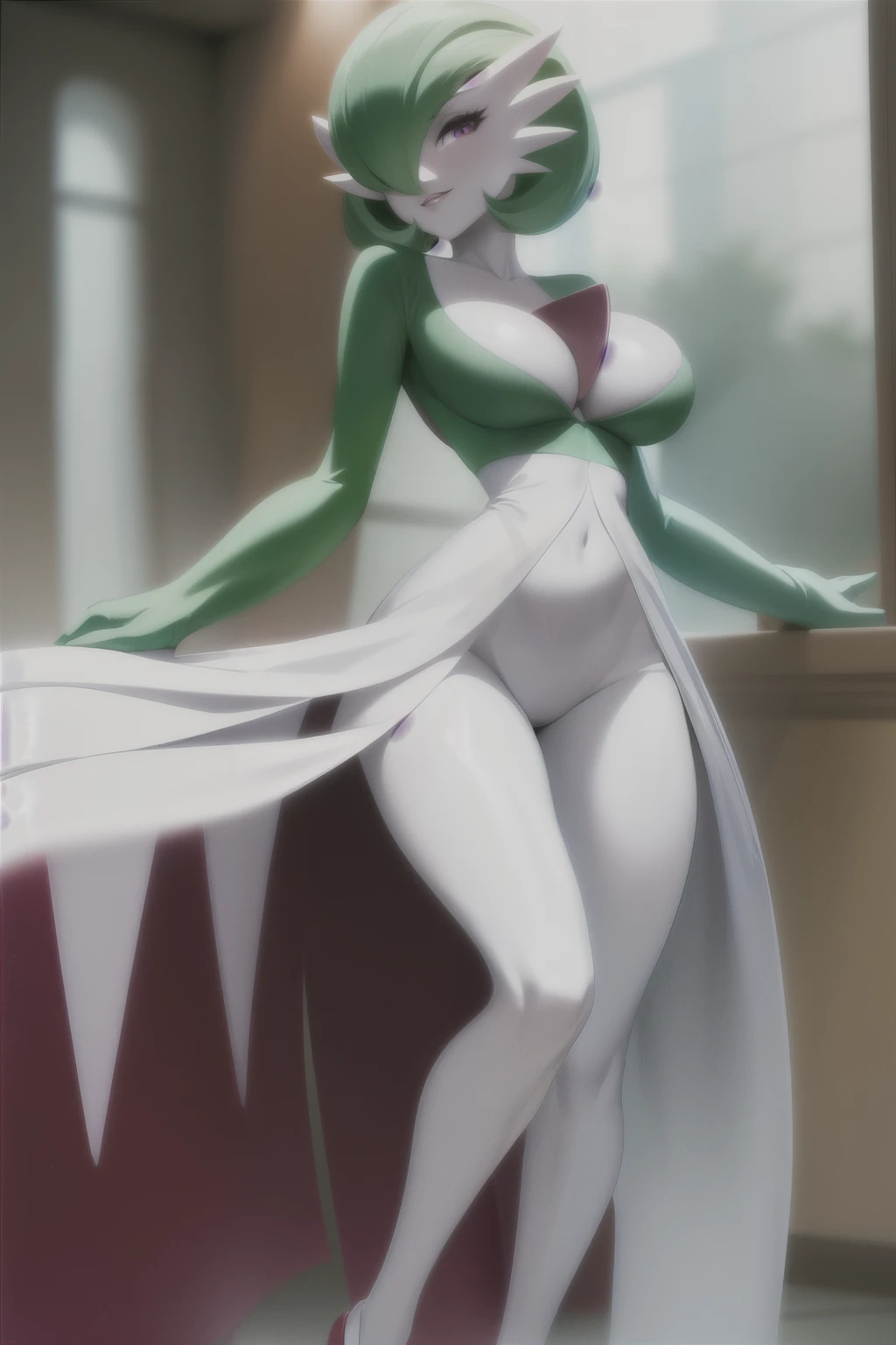 Masterpiece, best quality, happy, gardevoir (pokemon), green colored hair, red colored eyes, vivid eyes, white colored skin, sexy body, gorgeous body, beautiful, beautiful legs