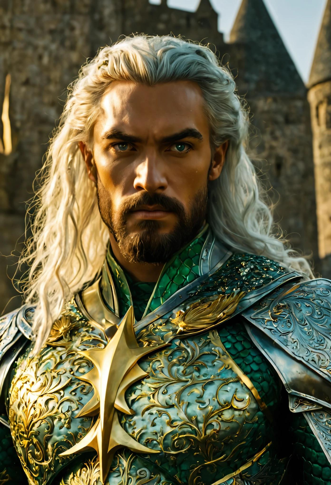 Aquaman with green pupils, long bluish white hair, confident expression, wearing beautiful silver armor with golden patterns all over the armor, exuding a dark yellow glow, In the background, a medieval castle