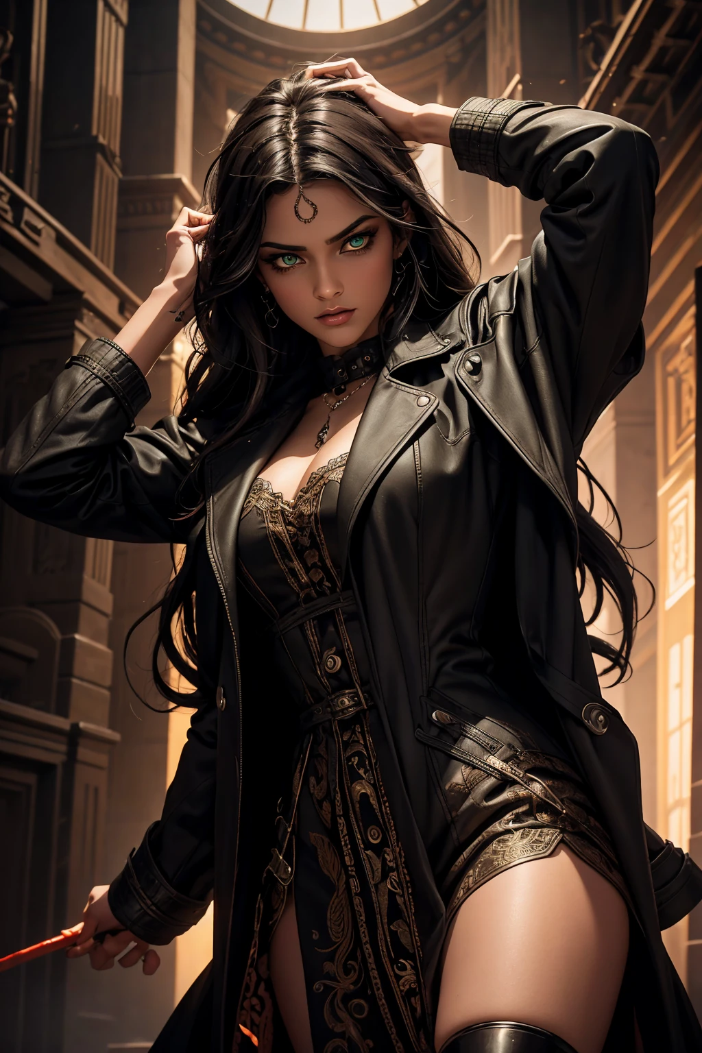 A stunning Indian beauty, with bright green eyes, dark brown-black long wavy hair, mesmerizing features with a scary expression, finely detailed eyes, angry mood masterpiece, top quality, best quality, official art, beautiful and aesthetic:1.2), (1girl), extreme detailed,(fractal art:1.3), colorful, highest detailed, (masterpiece, best quality:1.3) 1 bright-green-eyed woman, professional digital painting, Unreal Engine 5. Wearing a black-buttoned-up military-trench coat. Scary void dripping from body and face black magic swirling around. A deep red gemstone on the forehead. Arms up casting black magic from fingertips. Black smoke swirled around her.
