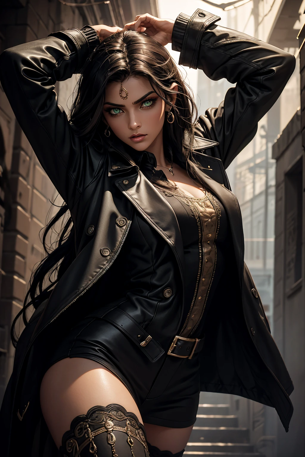A stunning Indian beauty, with bright green eyes, dark brown-black long wavy hair, mesmerizing features with a scary expression, finely detailed eyes, angry mood masterpiece, top quality, best quality, official art, beautiful and aesthetic:1.2), (1girl), extreme detailed,(fractal art:1.3), colorful, highest detailed, (masterpiece, best quality:1.3) 1 bright-green-eyed woman, professional digital painting, Unreal Engine 5. Wearing a black-buttoned-up military-trench coat. Scary void dripping from body and face black magic swirling around. A deep red gemstone on the forehead. Arms up casting black magic from fingertips. Black smoke swirled around her.
