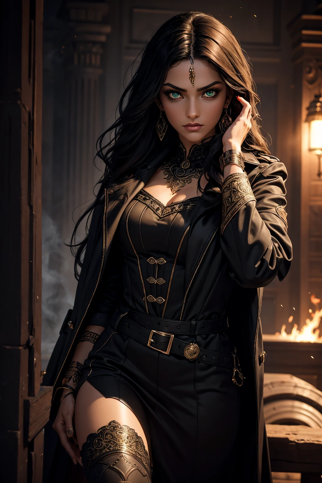 A stunning Indian beauty, with bright green eyes, dark brown-black long wavy hair, mesmerizing features with a scary expression, finely detailed eyes, angry mood masterpiece, top quality, best quality, official art, beautiful and aesthetic:1.2), (1girl), extreme detailed,(fractal art:1.3), colorful, highest detailed, (masterpiece, best quality:1.3) 1 bright-green-eyed woman, professional digital painting, Unreal Engine 5. Wearing a black-buttoned-up military-trench coat. Scary void dripping from body and face black magic swirling around. A deep red gemstone on the forehead. Arms up casting black magic from fingertips. Black smoke swirled around her.
