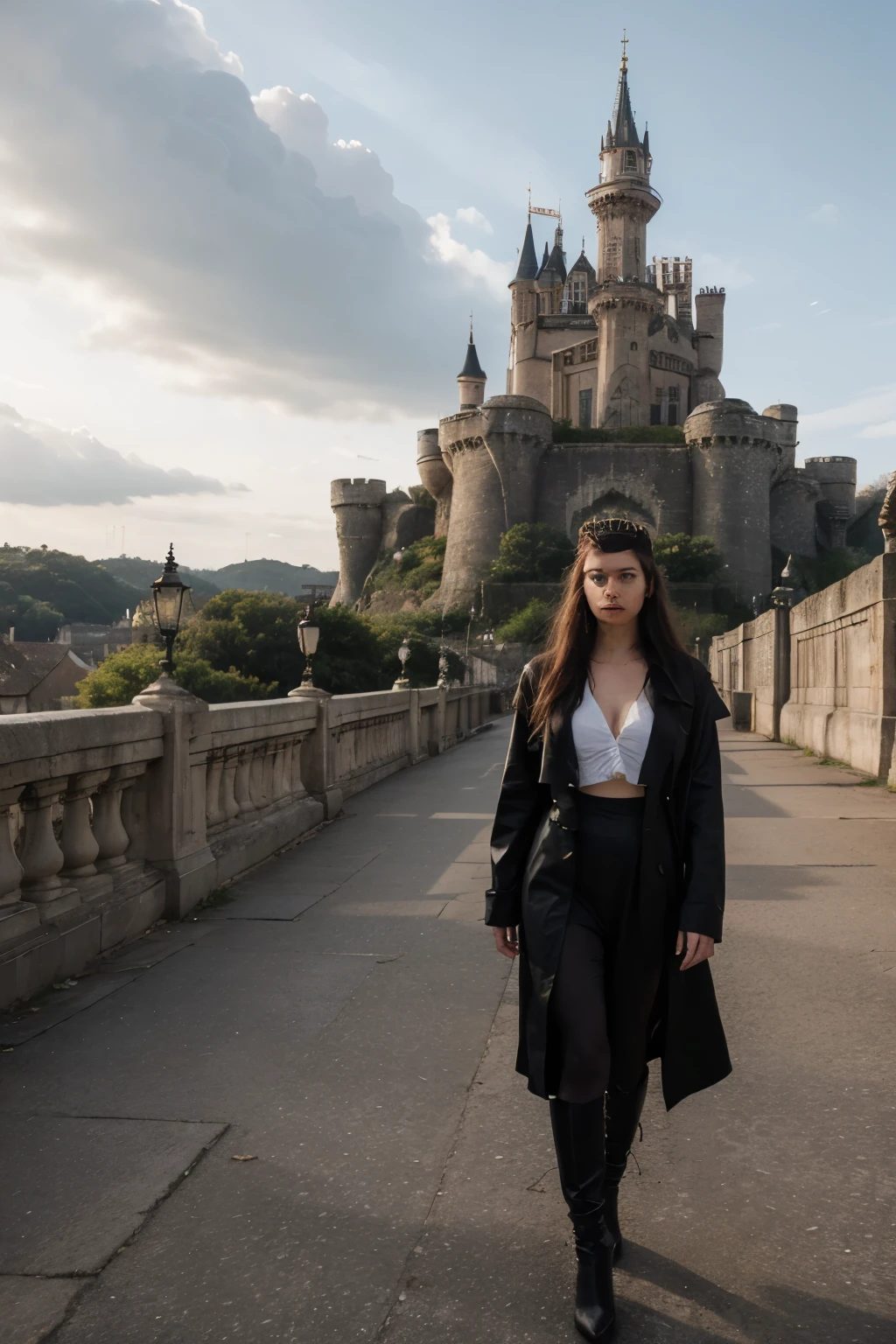 Create an image where an imposing castle is in the background, surrounded by several modern buildings. A young, beautiful woman is in the foreground, wearing a crown and his expression is angry, criando uma atmosfera intrigante e cativante.