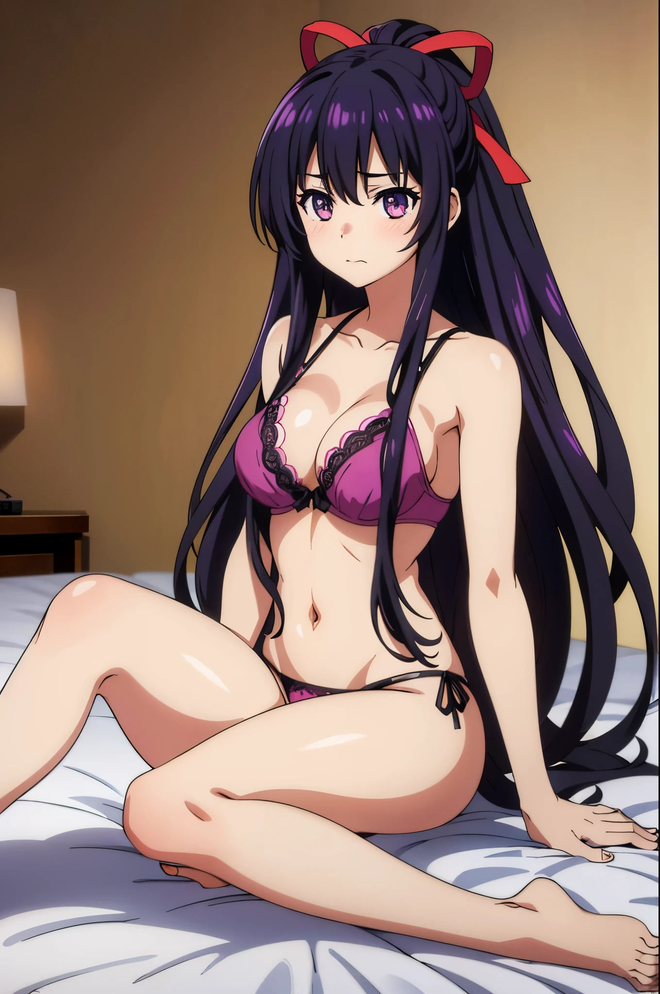 (extremely detailed CG unity 4k wallpaper), (masterpiece), (best quality), (ultra detailed), (best illustration), (best shadow), (absurdities), (detailed background) Tohka Yatogami, 1 girl, alone, long hair, purple hair, purple eyes, very long hair, ponytail, red ribbon, headband, perfect body, (photorealistic: 1.1, soft CG texture), (blunt bangs, long hair, eyelashes), point of view , close-up, mouth ajar, big breasts, seductive, embarrassed, blushing, nipslip, sitting, in bed, legs open, looking at viewer, indoors, bedroom, (bra, panties)