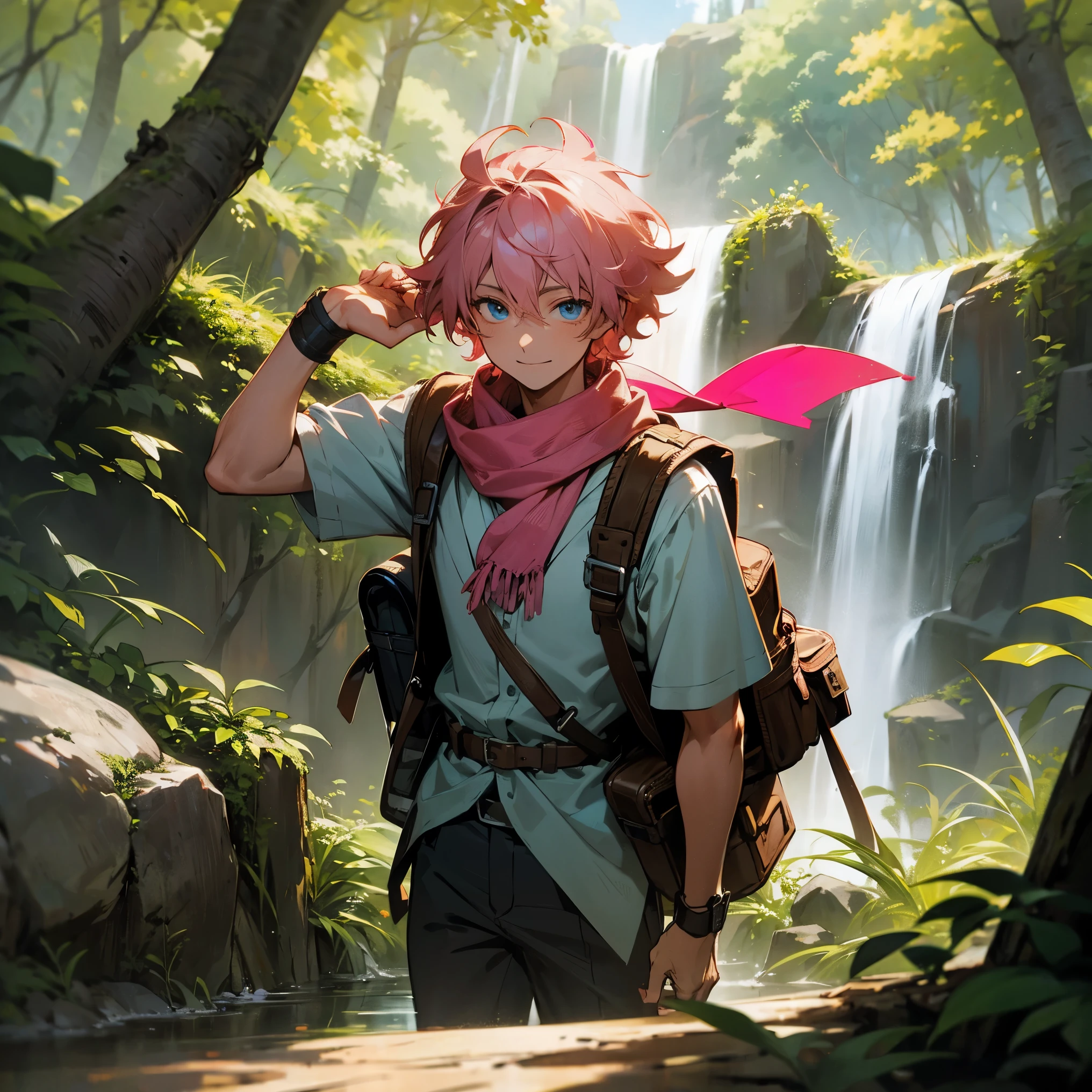 1male, young teen, tan skin, medium messy hair, pink colored hair, finely detailed light blue eyes, casual adventurous clothes, damaged scarf, bandolier across chest, hiking backpack, forest, grotto, waterfall, walking down path, confident evil smile