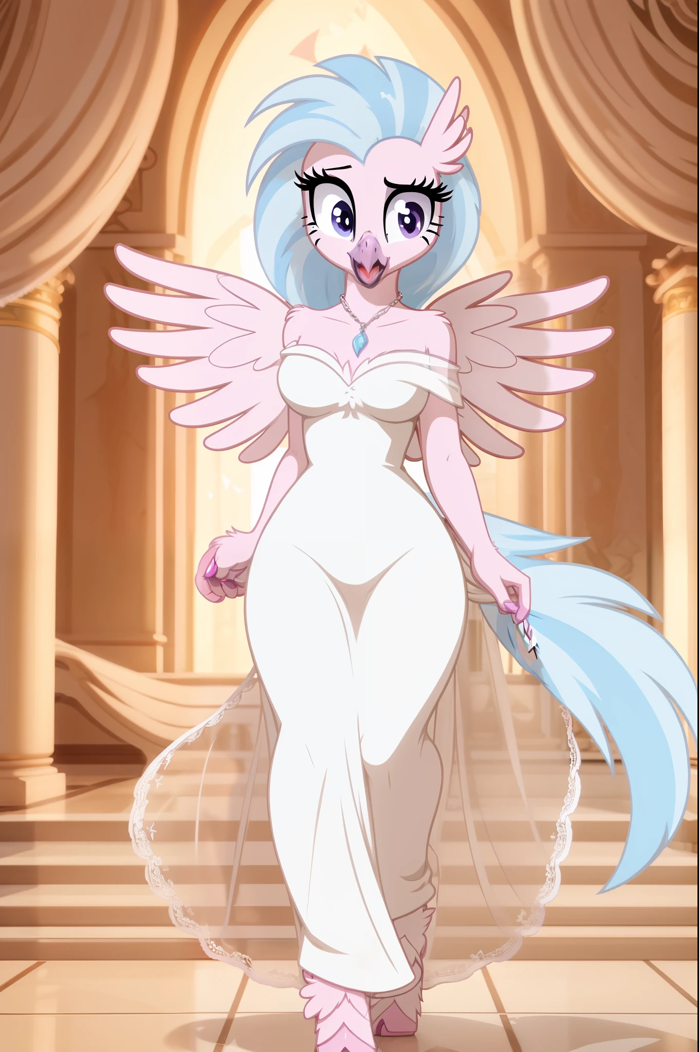 Silverstream_mlp, 1 girl, Griffin Girl, nail, ((beak)), female body, medium breasts, Big eyes, 8K, (Masterpiece), Soft shading, wings, the whole body is visible, foreground,  hooves, beak, blue long tail, luxury, happy, smile, mouth open, wedding, Wedding Dress, mouth open, Fluffy white dress
