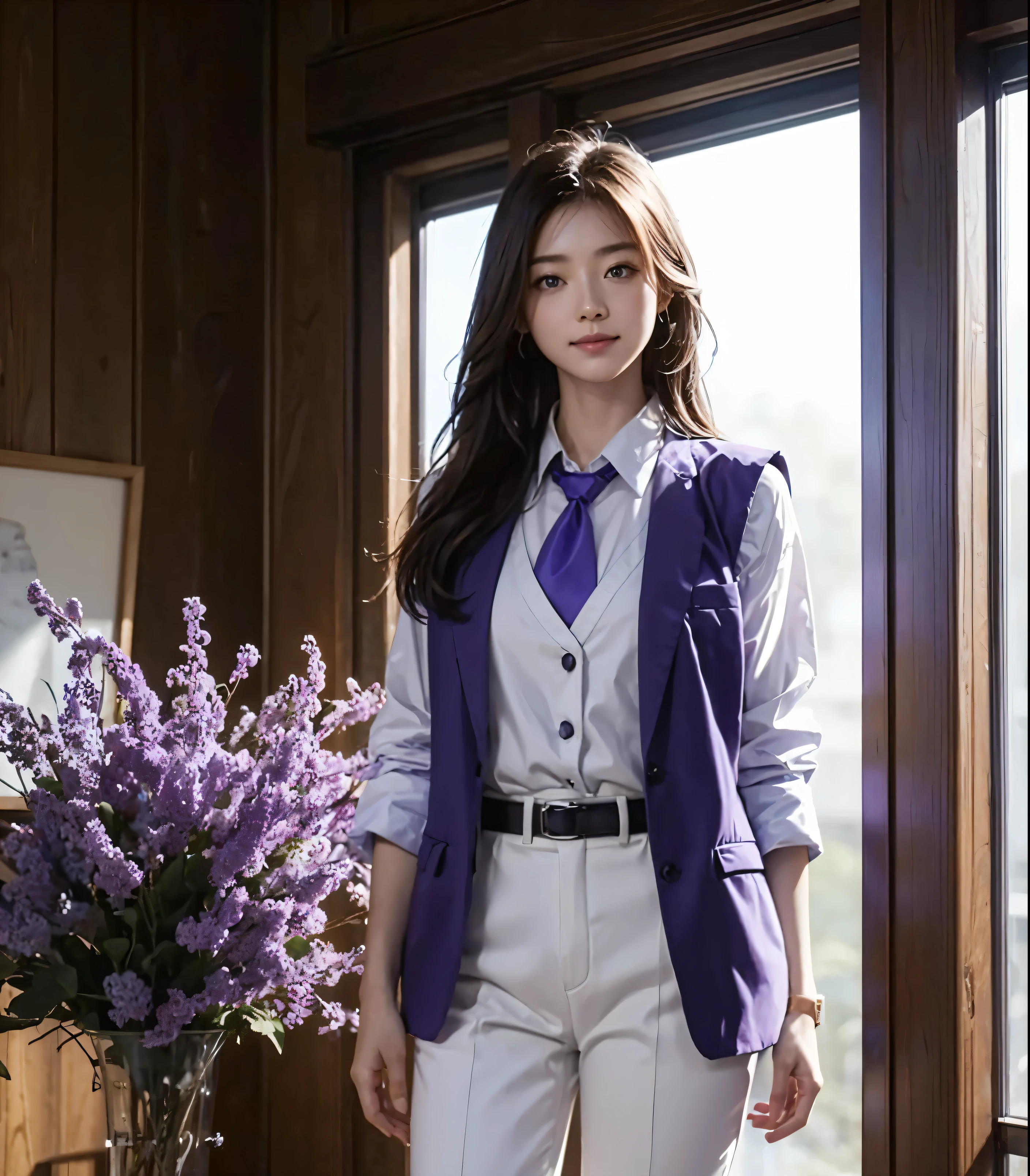 Beautiful japanese smiling women, full height, Blue eyes, long haircut, 70s clothes, White pants, White shirt, White vest, Purple tie, {{{Nanking }}},scale:14 steps:30 method:2, HDR, RTH, UHD, Ideal, high quality, High detail, cinematic, Photorealistic, Beautiful, 4k, HDR, Full Snapshot, Photorealistic, realism, color correction, Photo, very detailed, concentrated, 8K, wallpaper, 32K, Super resolution