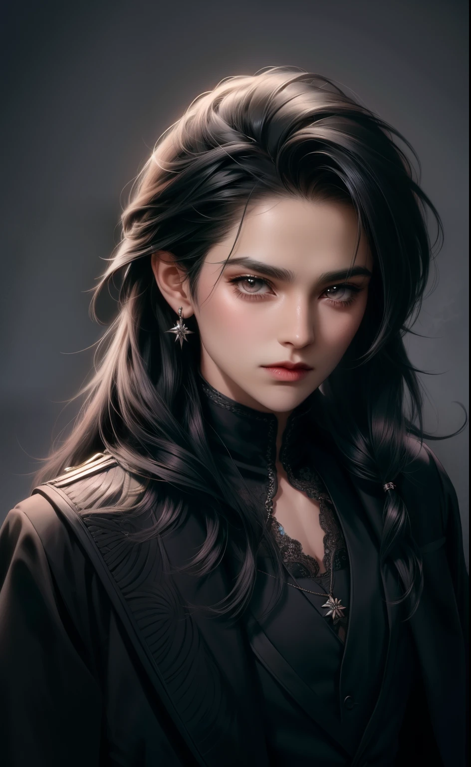 abrigo negro, one male, pelo largo, rubio, rubio hair, Ojos azules, alto, muscular, Camisa morada victoriana, hermoso rostro, of the highest quality, Obra maestra, 2d, animado, cara perfecta, higher detail, ojos felinos, rastrojo, pelo ondulado, tiro de vaquero, cara detallada, detalles intrincados, rubor, nervioso, psychopath