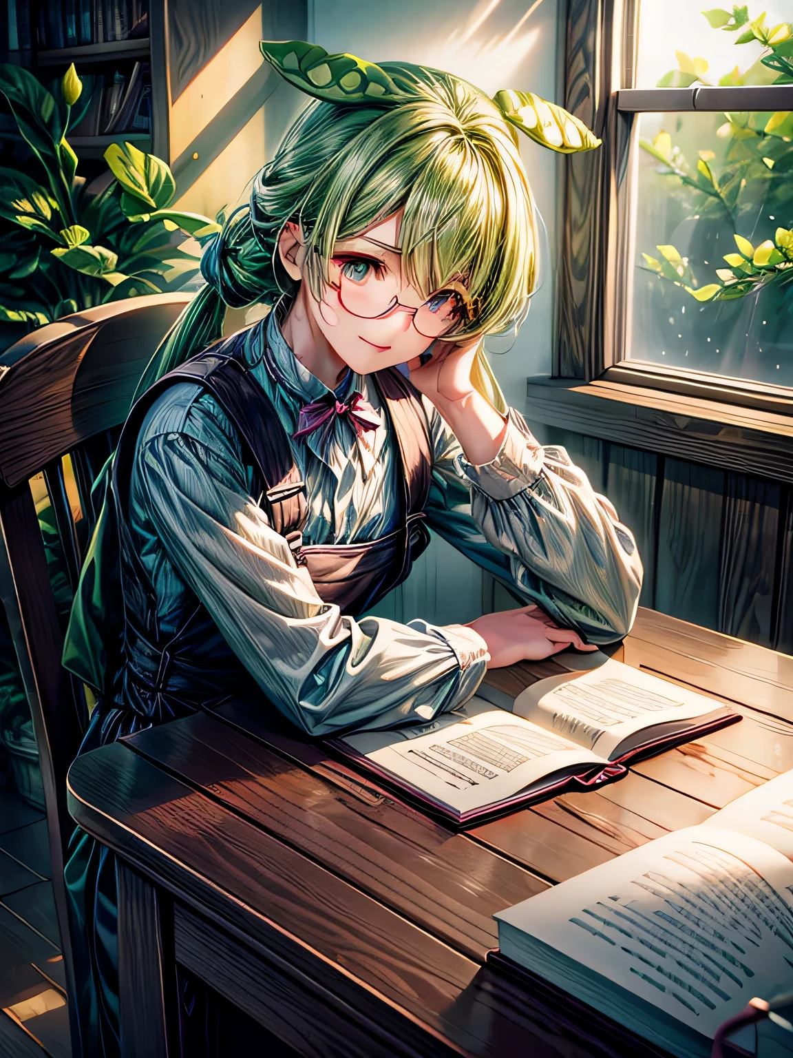 ((masterpiece, highest quality)),dark green hair,eyes are yellow,white shirt,green overalls, scholar&#39;career of, [bright colors], (High resolution:1.2), (realistic:1.37), fine eyes, gentle smile, Bring the book, Surrounded by shelves of old books, reading glasses on the table, sunlight shining through the window, warm and cozy atmosphere, soft lighting, traditional wooden desk and chair, vintage ink pen and parchment, hint of nostalgia, Calm and eager to learn expressions, sense of knowledge and wisdom, quiet and peaceful atmosphere.