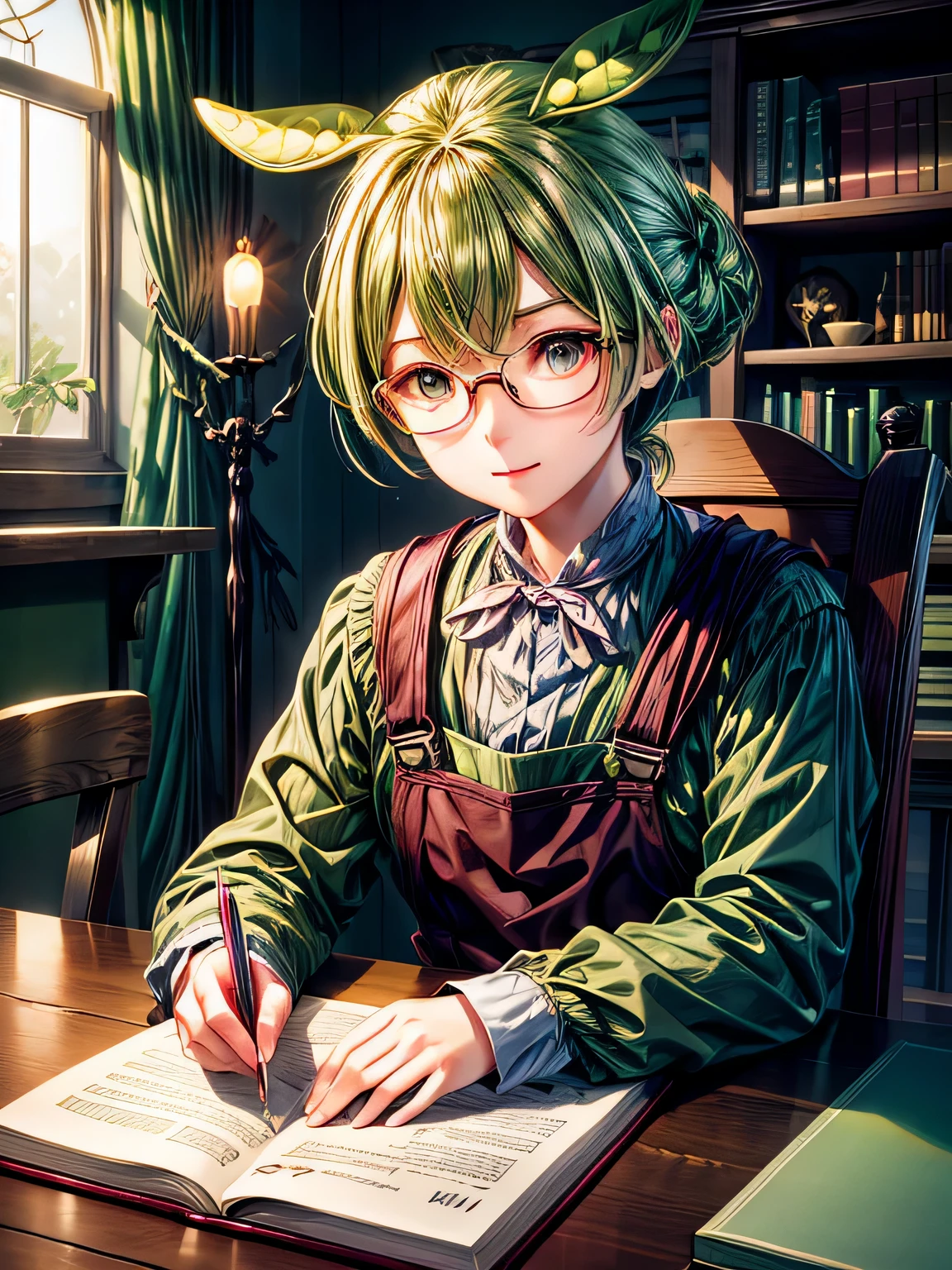((masterpiece, highest quality)),dark green hair,eyes are yellow,white shirt,green overalls, scholar&#39;career of, [bright colors], (High resolution:1.2), (realistic:1.37), fine eyes, gentle smile, Bring the book, Surrounded by shelves of old books, reading glasses on the table, sunlight shining through the window, warm and cozy atmosphere, soft lighting, traditional wooden desk and chair, vintage ink pen and parchment, hint of nostalgia, Calm and eager to learn expressions, sense of knowledge and wisdom, quiet and peaceful atmosphere.