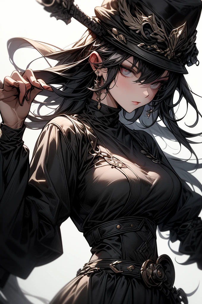 La imagen muestra una figura femenina estilizada con cabello blanco y negro., wearing a spiked leather crown and a mask. Tiene una estetica oscura, with tight black clothing adorned with belts and metallic pieces. La figura tiene un ojo visible con una mirada intensa.. The background seems to include more figures in a grayish tone... Obra maestra, hd, piel perfecta 