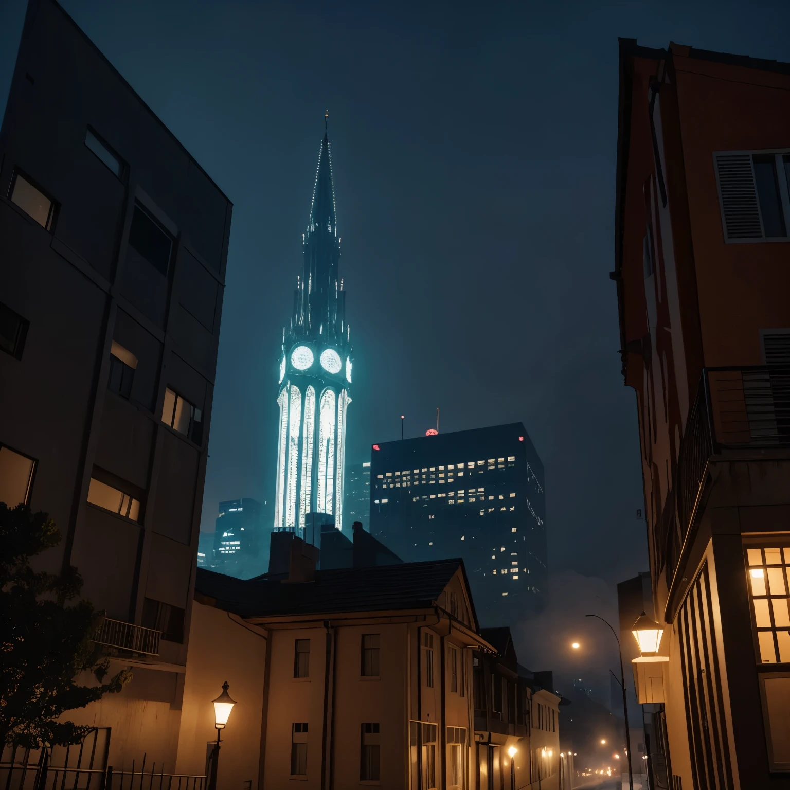 stained glass building, at night with fog, muros de espinhos
