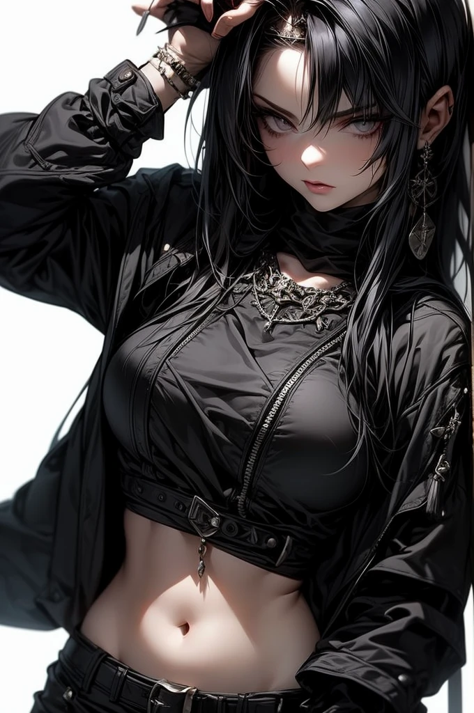 La imagen muestra una figura femenina estilizada con cabello blanco y negro., wearing a spiked leather crown and a mask. Tiene una estetica oscura, with tight black clothing adorned with belts and metallic pieces. La figura tiene un ojo visible con una mirada intensa.. The background seems to include more figures in a grayish tone.. Obra maestra, hd, piel perfecta 