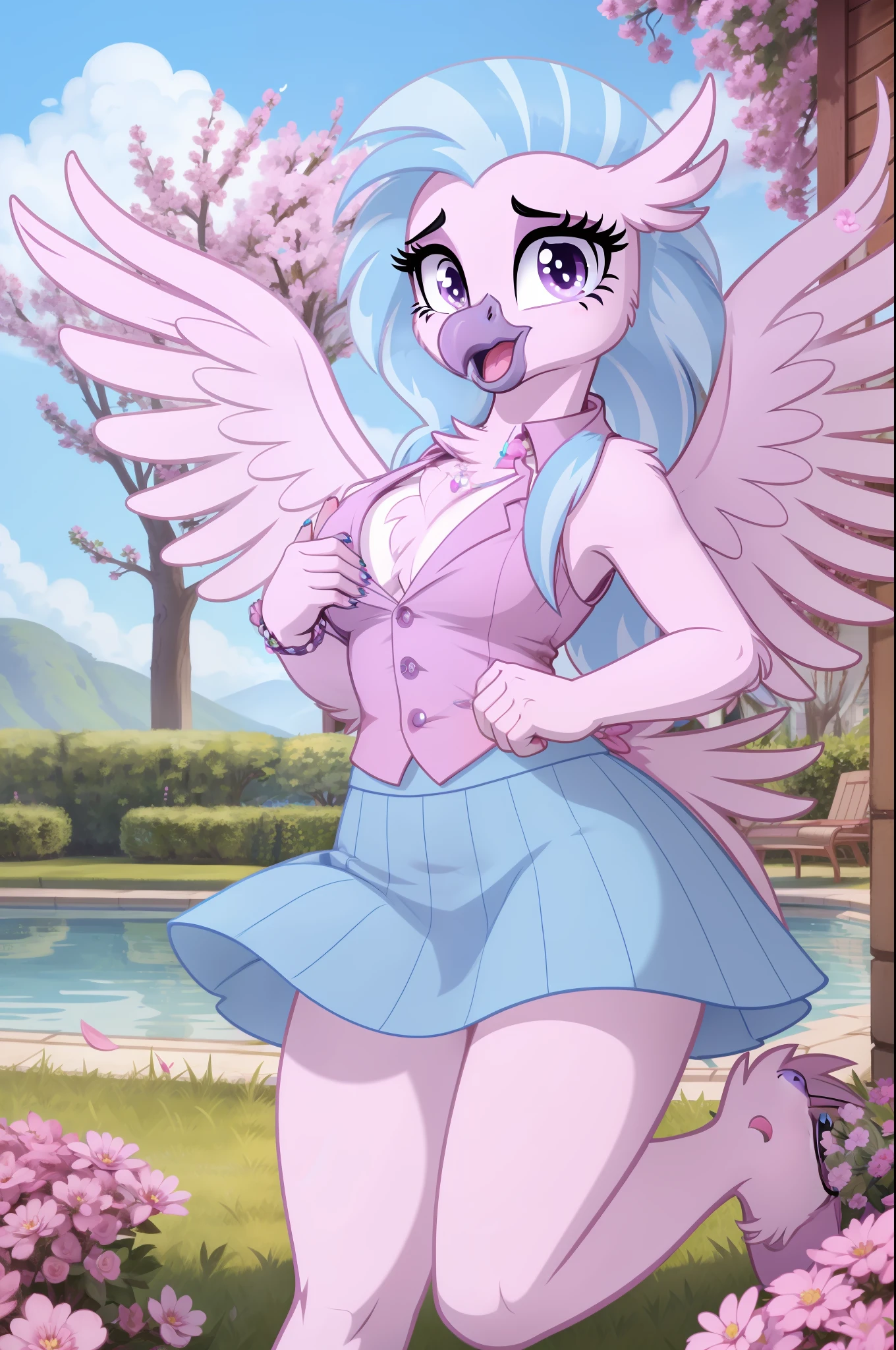 Silverstream_mlp, 1 girl, Griffin Girl, nail, ((beak)), female body, medium breasts, Big eyes, 8K, (Masterpiece), Soft shading, wings, the whole body is visible, foreground,  hooves, beak, blue long tail, luxury, happy, smile, Short blue skirt, mouth open, mouth open, Flowers, Petals in the air, Very happy, Strict business suit
