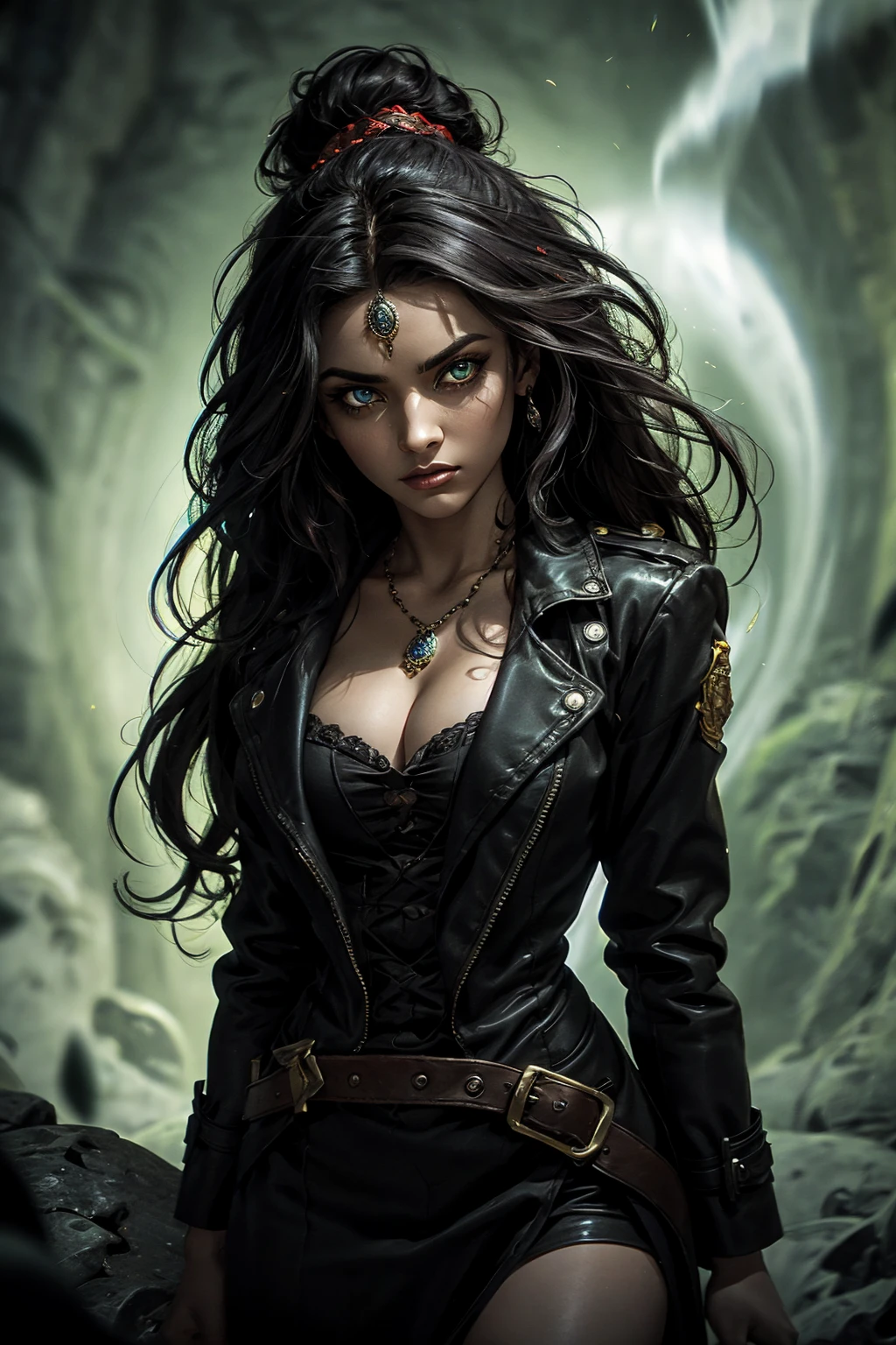 A stunning Indian beauty, with bright green eyes, dark brown-black long wavy hair, mesmerizing features with a scary expression, finely detailed eyes, angry mood masterpiece, top quality, best quality, official art, beautiful and aesthetic:1.2), (1girl), extreme detailed,(fractal art:1.3), colorful, highest detailed, (masterpiece, best quality:1.3) 1 bright-green-eyed woman, professional digital painting, Unreal Engine 5. Wearing a black-buttoned-up military-trench coat. Scary void dripping from body and face black magic swirling around. A deep red gemstone on the forehead. Arms up casting black magic from fingertips. Black smoke swirled around her.

