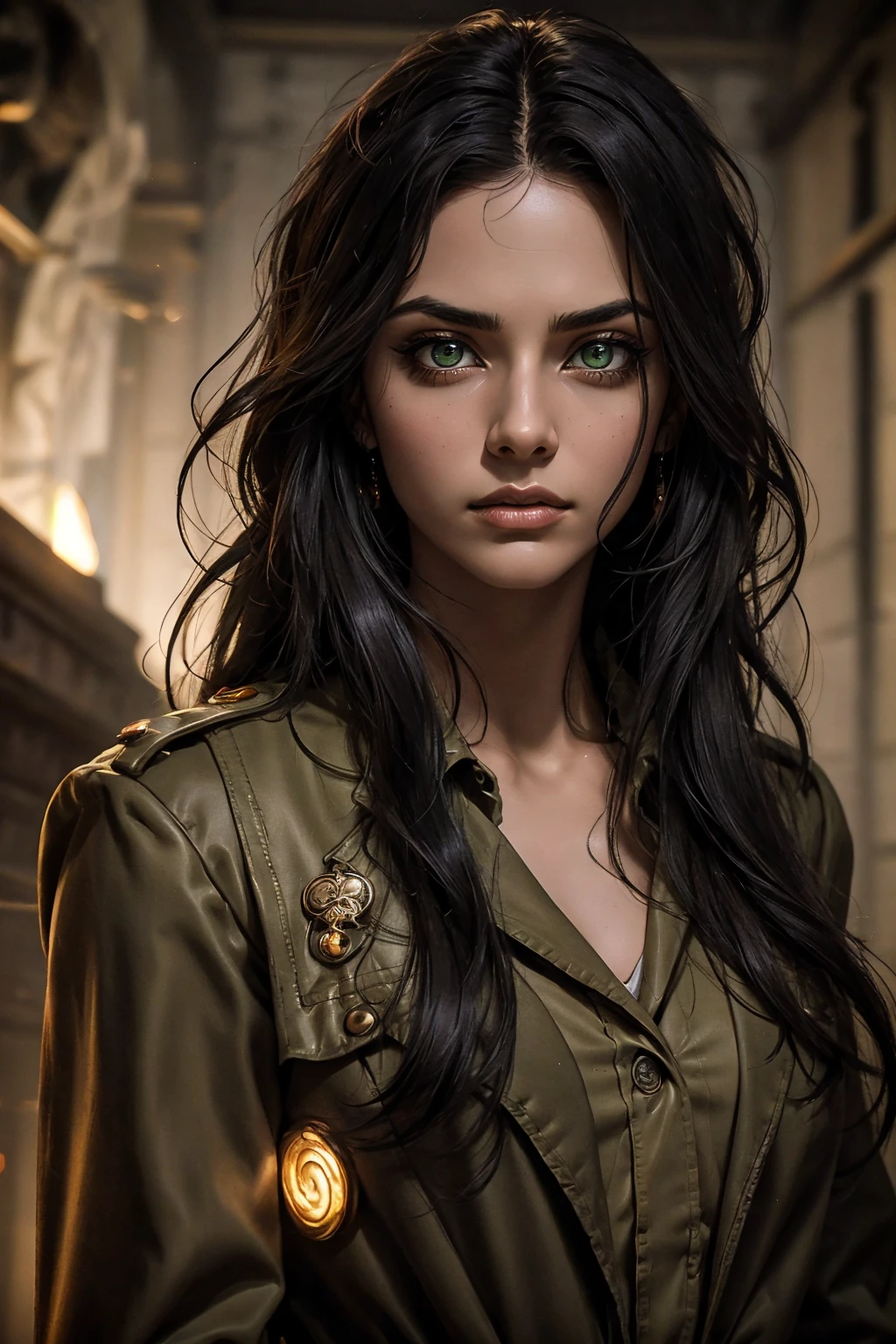 A stunning Indian beauty, with bright green eyes, dark brown-black long wavy hair, mesmerizing features with a scary expression, finely detailed eyes, angry mood masterpiece, top quality, best quality, official art, beautiful and aesthetic:1.2), (1girl), extreme detailed,(fractal art:1.3), colorful, highest detailed, (masterpiece, best quality:1.3) 1 bright-green-eyed woman, professional digital painting, Unreal Engine 5. Wearing a black-buttoned-up military-trench coat. Scary void dripping from body and face black magic swirling around. A deep red gemstone on the forehead. Arms up casting black magic from fingertips. Black smoke swirled around her.
