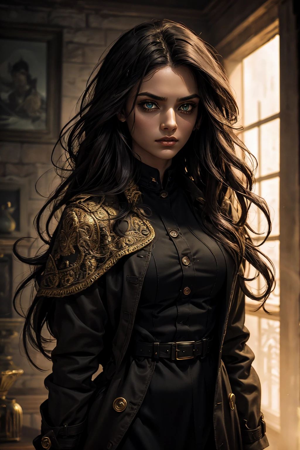 A stunning Indian beauty, with bright green eyes, dark brown-black long wavy hair, mesmerizing features with a scary expression, finely detailed eyes, angry mood masterpiece, top quality, best quality, official art, beautiful and aesthetic:1.2), (1girl), extreme detailed,(fractal art:1.3), colorful, highest detailed, (masterpiece, best quality:1.3) 1 bright-green-eyed woman, professional digital painting, Unreal Engine 5. Wearing a black-buttoned-up military-trench coat. Scary void dripping from body and face black magic swirling around. A deep red gemstone on the forehead. Arms up casting black magic from fingertips. Black smoke swirled around her.

