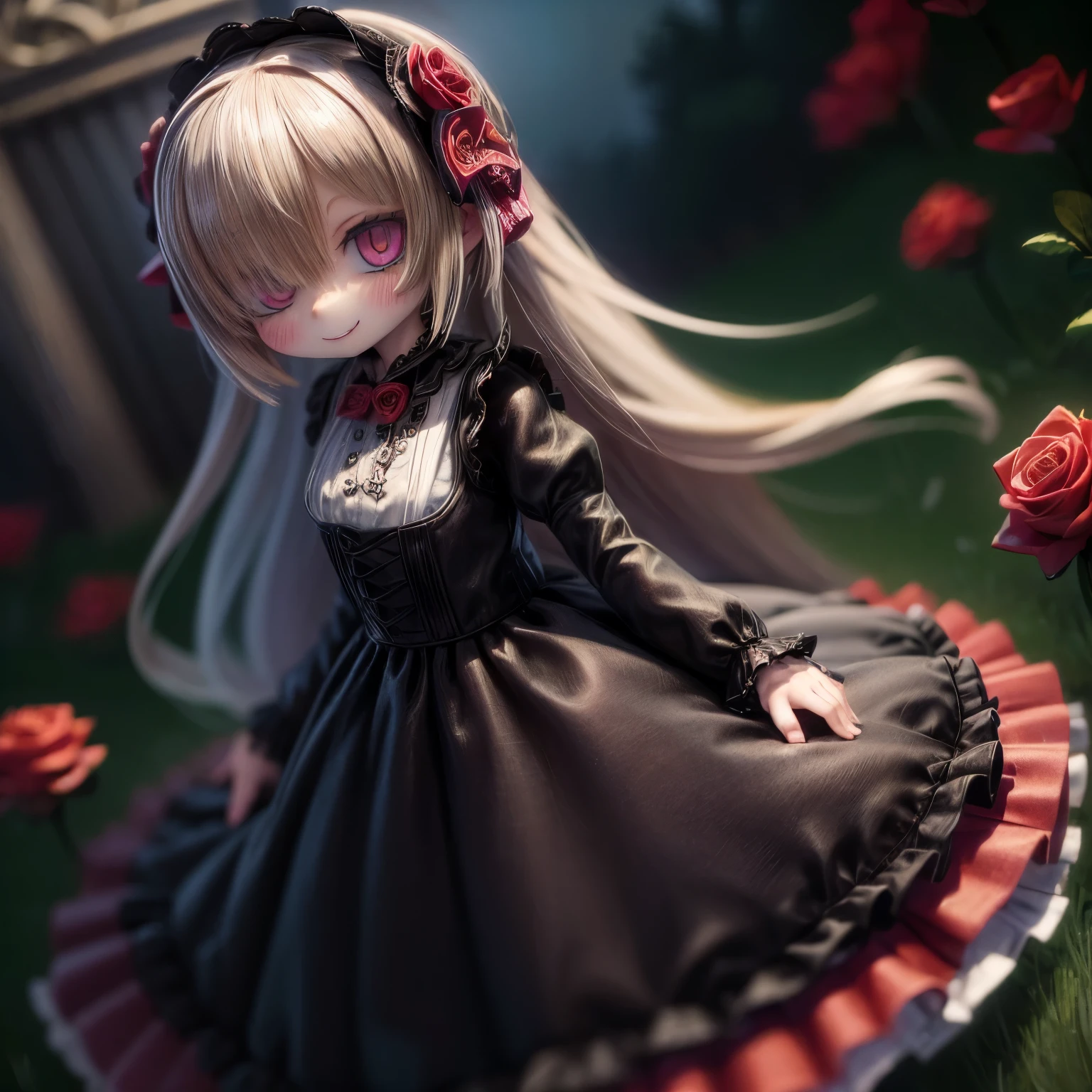 ((Masterpiece)), (Anime:1.5), ((best quality)), (RAW photo:1.2), (High Definition:1.3), (Professional Photography:1.2), (chromatic aberration), 1girl, lens flare, wide shot, Textured skin, cinematic lighting, 1girl, ((Beautiful Gothic Lolita pure-white-Dresses)), (very hoop-dress), Luxury roses embroidery, cute innocent young girl, ((hair over one eye)), Slender and small breasts, (long silky blond hair), (gothic lolita makeup), (super detail), beautiful hair, smile, (cute sparkle), Light particles, stand in beautiful Fantastic garden, (red roses garden)