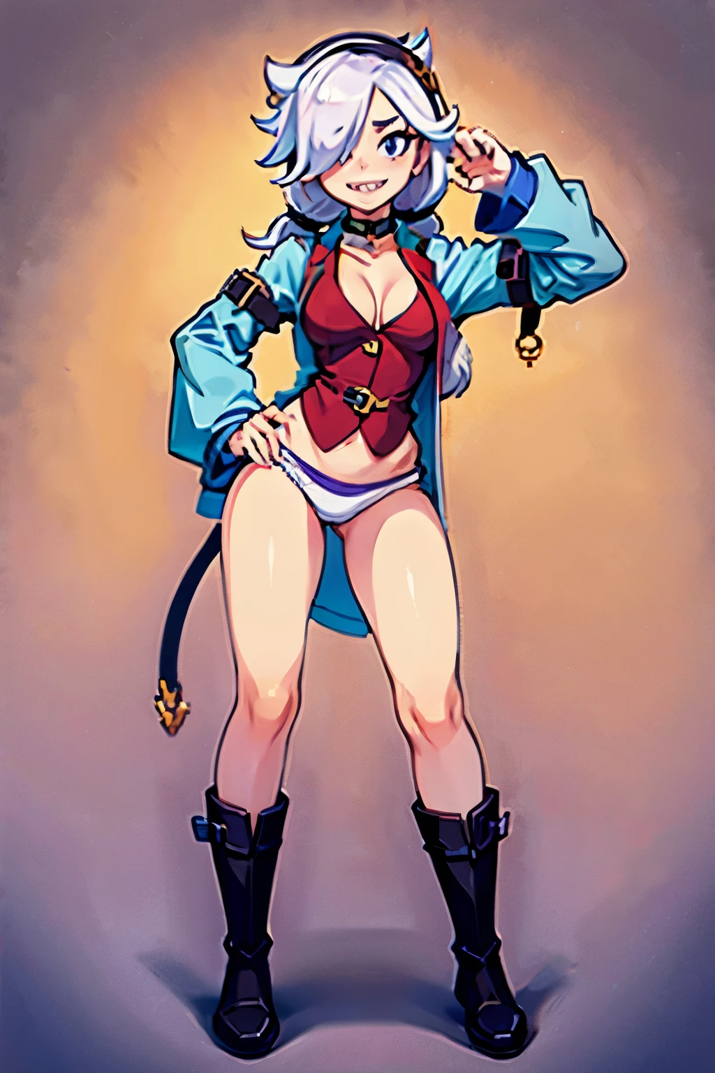 "score_9, score_8_up, score_8, source_anime,
fantasy theme, retro anime style,
1girl, intricate high detailed,
silver hair, short hair, tired hair, short veil,
red eyes, thick thighs, large breasts,
smirk, open mouth,
highleg bikini armor, mini skirt, thong, feather boa,
ahoge, accessories, large earrings, collar, arm strap, gloves, fishnet tights,
sexy pose,
cowboy shot,
indoors, tavern"