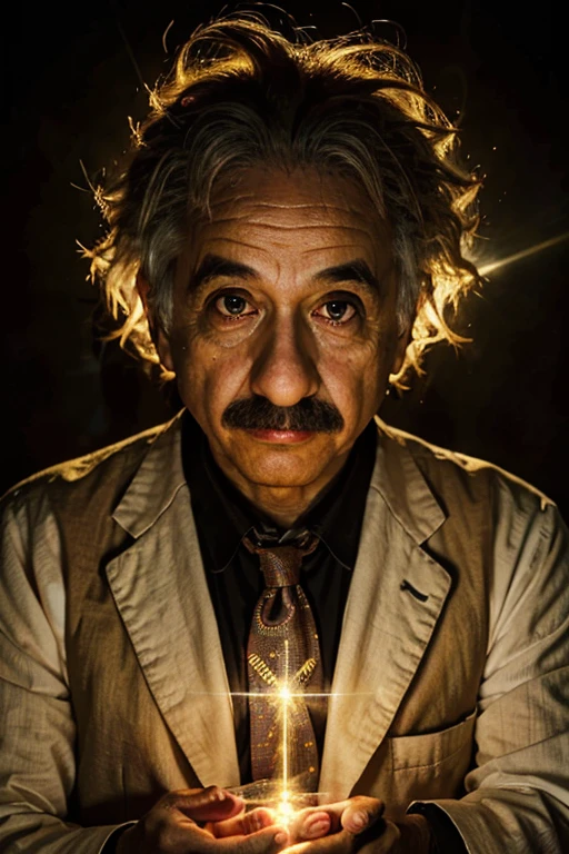 Albert Einstein, retrato, look seriously at the viewers, countenance of a serious man, fundo escuro, Light lighting, Albert Einstein holding a dragon ball releasing light beams of yellow light, raios de poder nos olhos.
