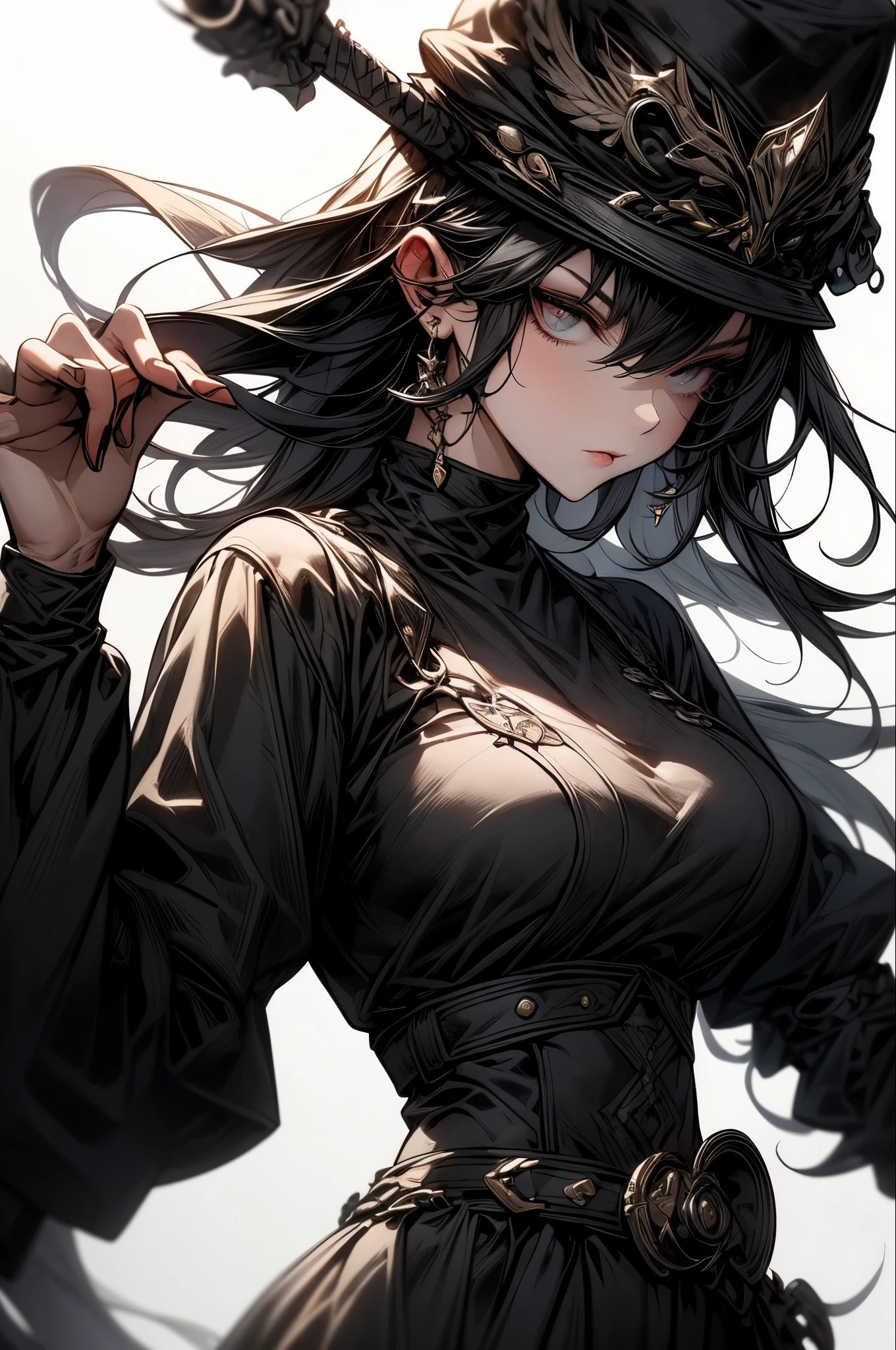The image shows an illustration of a woman with a high hairstyle and loose locks, llevando gafas de sol amarillas y pendientes de cruz. Viste una chaqueta blanca ajustada con insignias y un par de guantes amarillos con estampado de tigre. He leans on the hilt of a katana with a yellow and black handle. El fondo es de un rojo vibrante que resalta la figura central. The illustration combines modern elements with traditional Japanese touches.