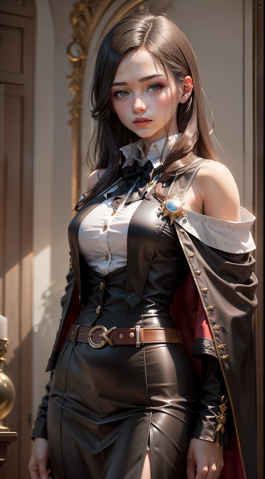 "((photorealism, high quality, detailing)), ((half of the body)) Slender girl 18 years old, Feminine appearance, student magician-alchemist (magic academy student, student uniform), dark hair below shoulders, A European view, modernity, skirt (plisse ) with belt, long black cloak, magical atmosphere, Academy of Magic".