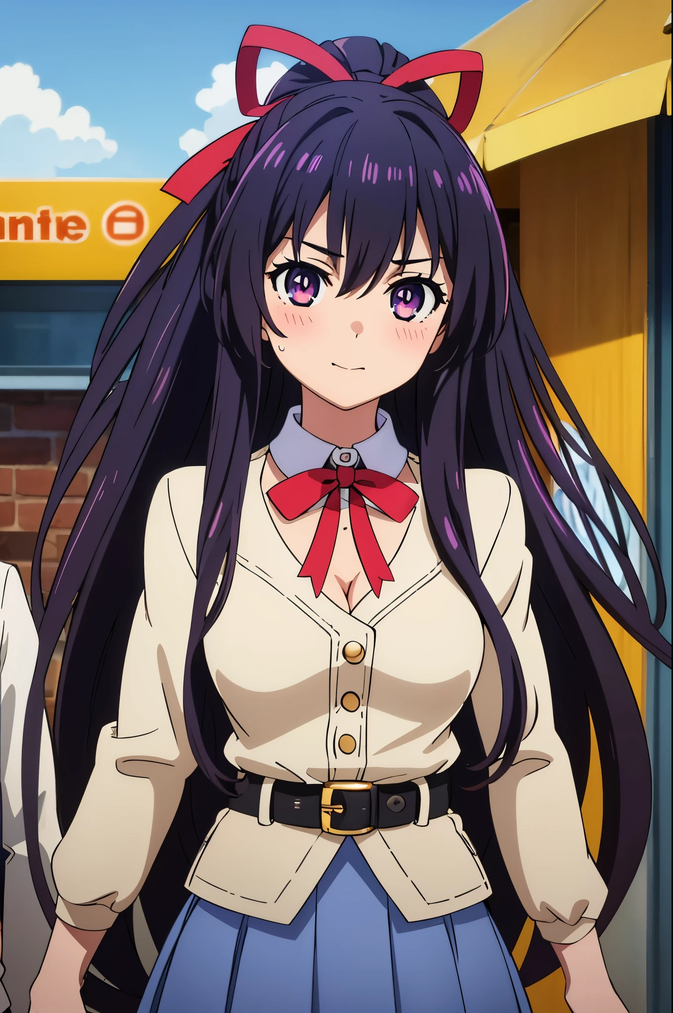 (extremely detailed CG unity 4k wallpaper), (masterpiece), (best quality), (ultra detailed), (best illustration), (best shadow), (absurdities), (detailed background) Tohka Yatogami, 1 girl, alone, long hair, purple hair, purple eyes, very long hair, ponytail, red ribbon, headband, 20 years old, beautiful anime girl, beautiful art style, anime character, smile, beautiful smile, ((long hair, half braided up half down,)), (purple eyes:1.4, round eyes, beautiful eyelashes, realistic eyes, extremely detailed pupil), (detailed face, blush:1.2), (soft texture: 0.75, realistic texture: 0.65 , photorealistic: 1,2, cinematic, CG anime style), medium breasts, cleavage, perfect body, busty, POV, dynamic angle, from above, ((white sweater, long pleated skirt, belt)), amusement park, al open air, crowd, the wind blows, (elegant, prestigious, glorious, elegant)