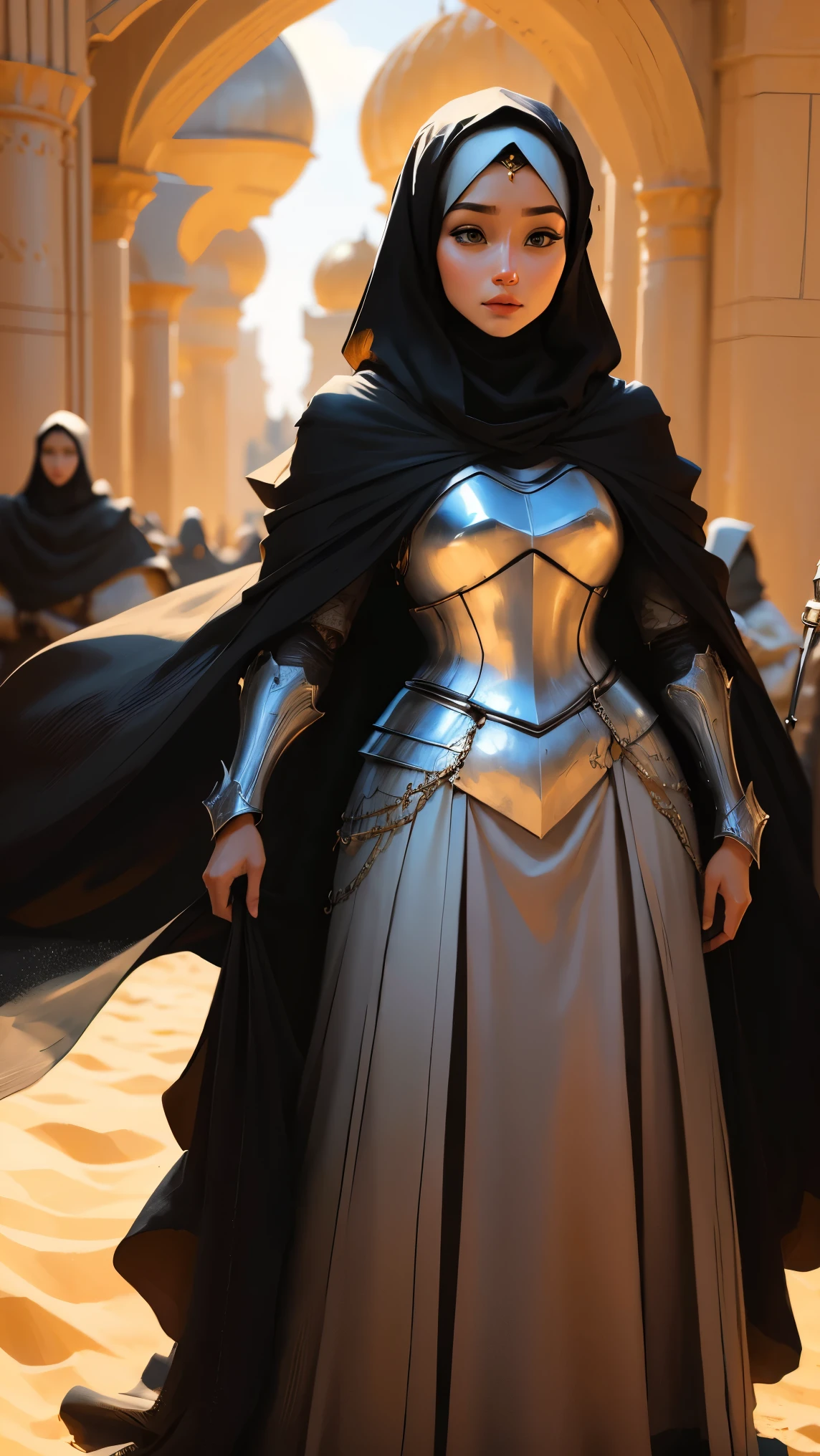 Pretty hijab girl, army of king, masterpiece, UHD, super detailed, super realistic. (((full body view))). Women knight. Great design costum. Background sands. Day light. Various live action pose. Beautiful hijab, closed thick hijab dress. 1girl. Pretty face. Extremely detailed. Ultra realistic.