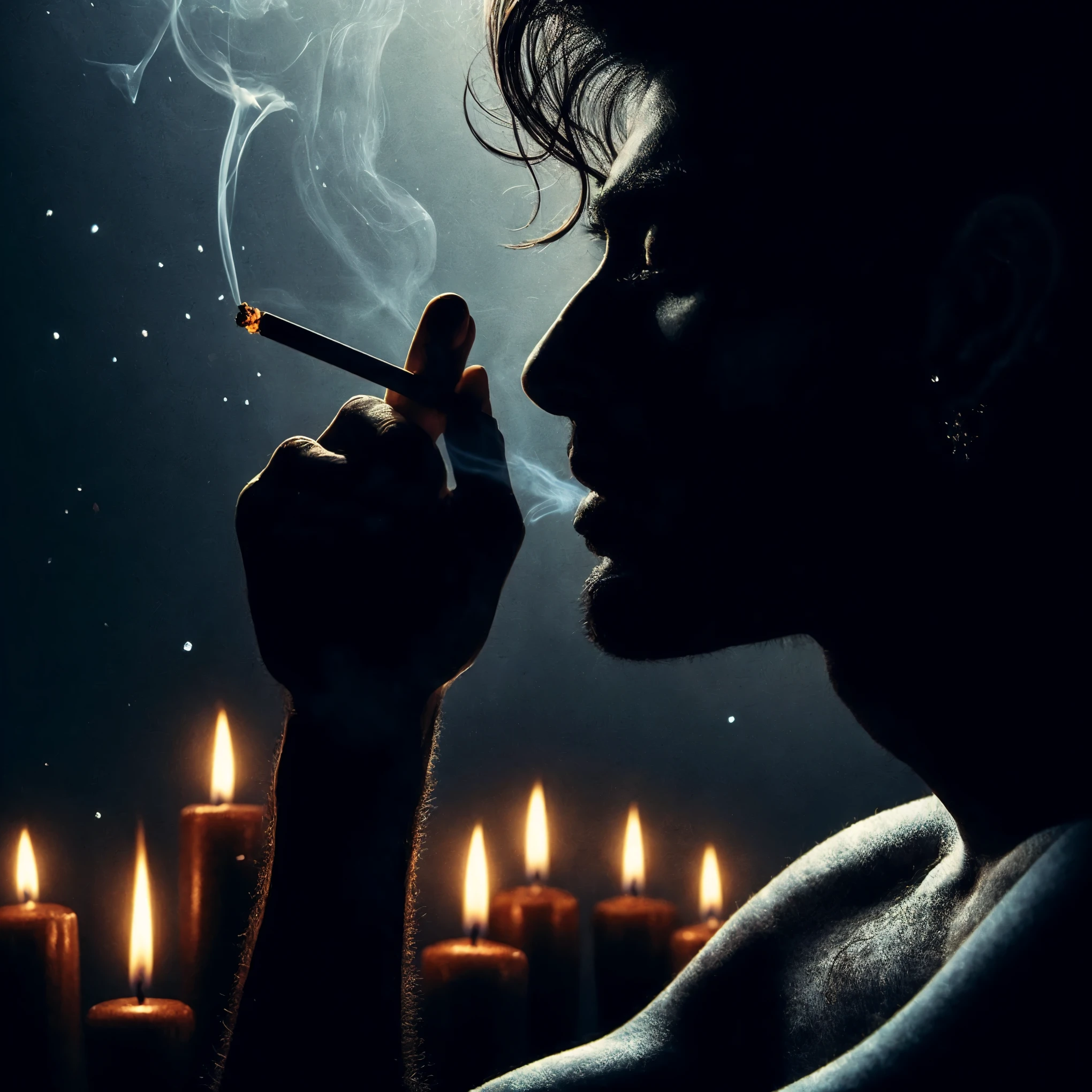 side view portrait of a man in complete darkness while smoking a cigarette, silhouette showing off every curve of his facial features and shoulders, his emotions are contentment and peace, candles burning in the background, shining through his hair, realistic drawing, light and dark shadows, HD intricate details