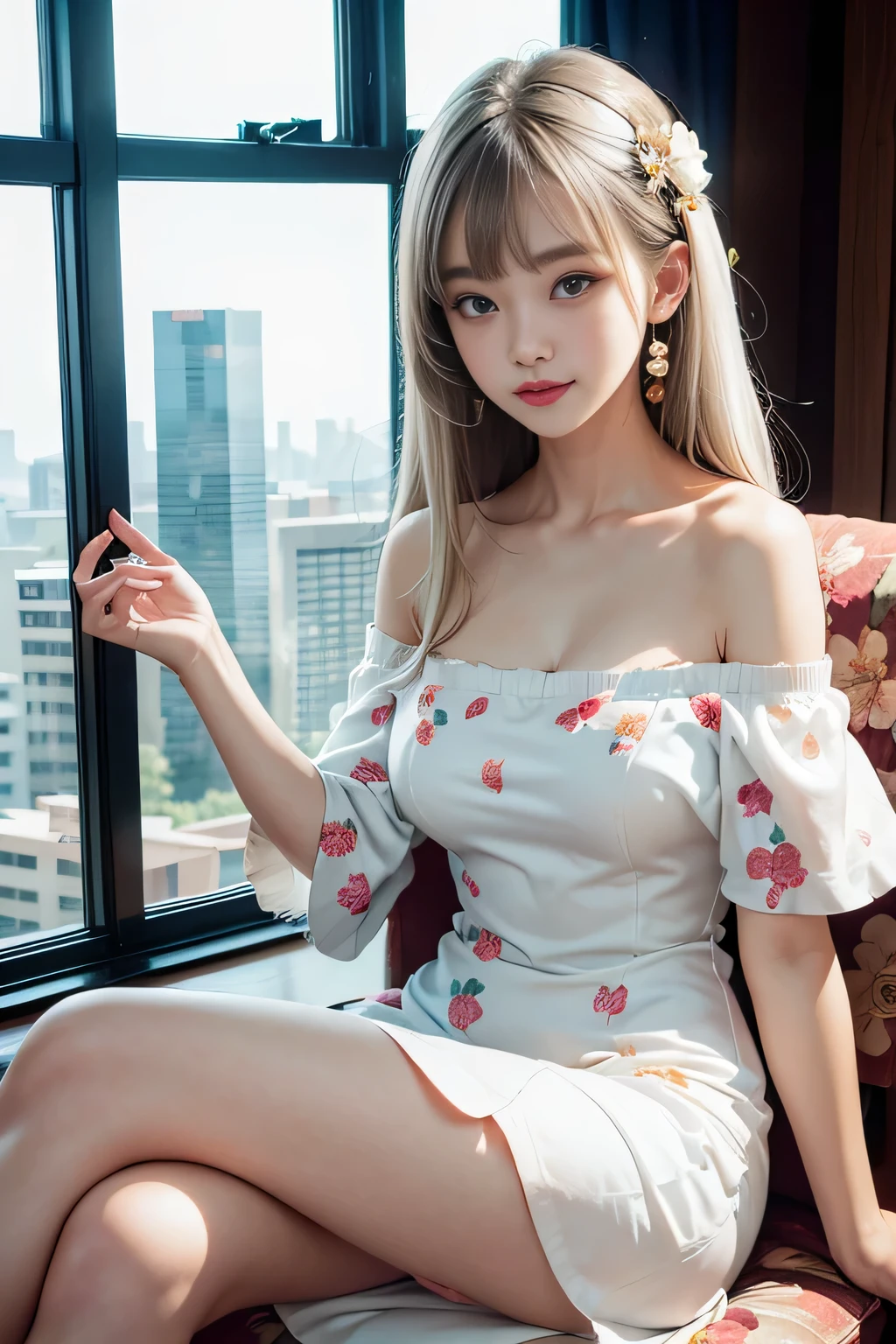 ((Girl sitting on office reception chair and crossing legs)), silver hair, bangs, 鈍いbangs, long straight hair, aqua eye, long eyelashes, three-dimensional round eyes, compensate, open your mouth, blush, parted lips, bright eyes, smiley, enchanting smile, shine, surrealism, modern、black pantyhose、high heels、((pure white dress、floral dress、、off shoulder、: 1.6))、Skyscrapers are hazy in the window4、(sexy pose)、