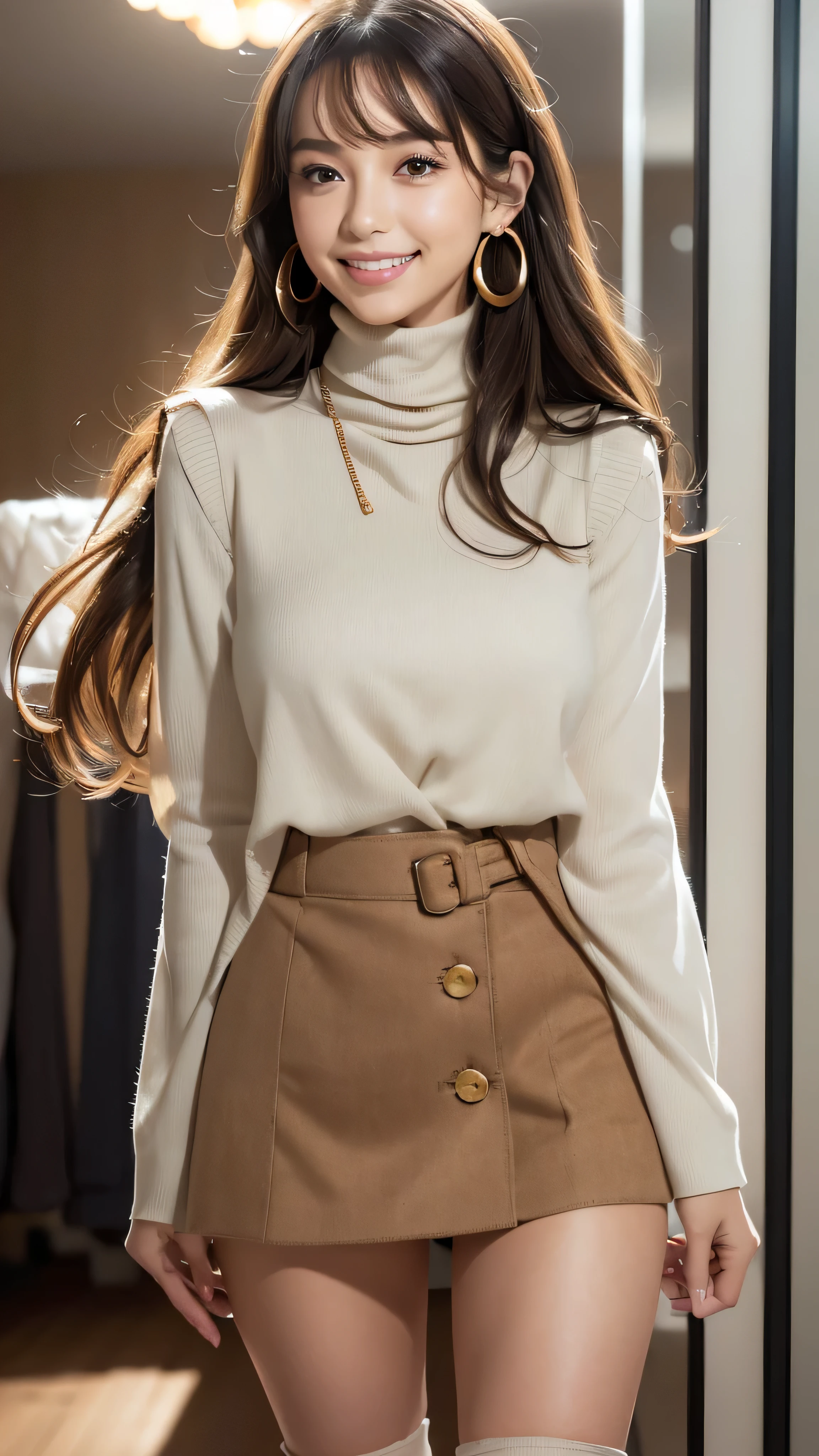 (8K, 超A high resolution,The ultra -The high-definition、Raw photo、 Best Quality, masutepiece:1.5)、RAW portrait of japanese girl、超A high resolution、top-quality、 (huge-breasted、stick out chest:1.3)、{Hide all breasts}{Pleated skirt in off-white:1.6}、(Wearing a red sleeveless turtleneck:1.6))、((Open the inseam:1.7)、(fitting room:1.2) BREAK (Natural Skin Texture、Detailed skin、Hyper-Realism、ultra sharpness)、intricate detailes、depth of fields、Sexy adult woman、((masterpiece、top-quality、high-detail))、(Photorealsitic:1.4)、solo、closes mouth、Smile happily、big eye、Distinct double eyelids、Absolute area、Clean collarbone、face perfect、thin lips、a small face、(gazing at viewer、Highlights in the eyes、Light brown eyes、lipgloss)、(From the side:1.2),((Super long brown hair:1.2))、((Hair with loose waves inside:1.2)),((gold necklace_Large earrings:1.2)),((shy smile:1.3)),((white long sleeve button blouse_brown tweed miniskirt:1.3)),