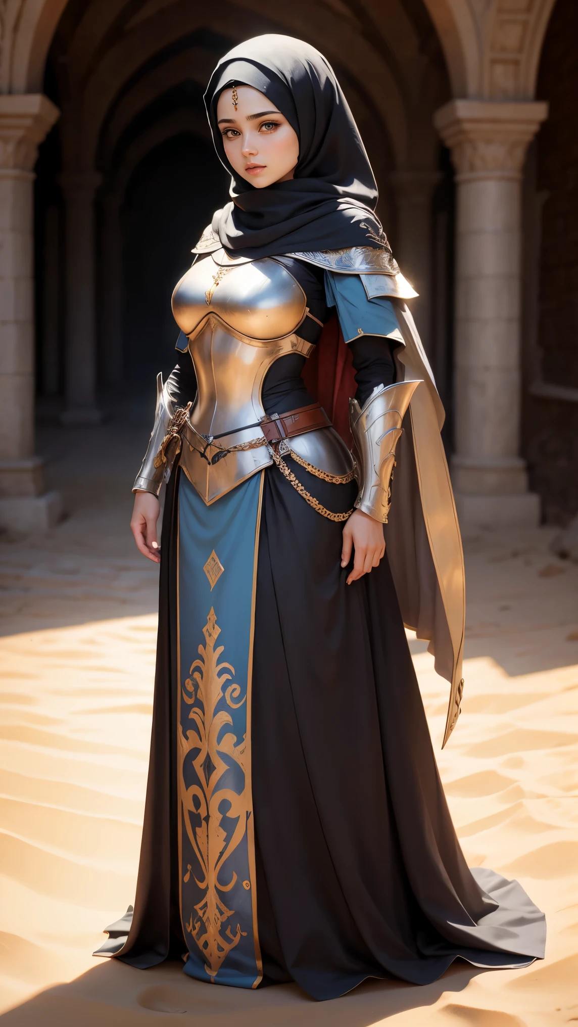 Pretty hijab girl, army of king, masterpiece, UHD, super detailed, super realistic. (((full body view))). Women knight. Great design costum. Background sands. Day light. Various live action pose. Beautiful hijab, closed thick hijab dress.