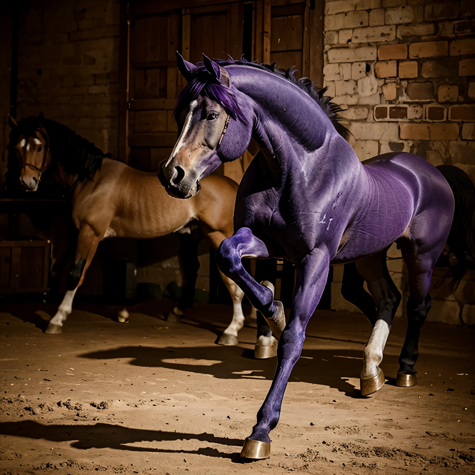 Purple horse stepping on a red lion