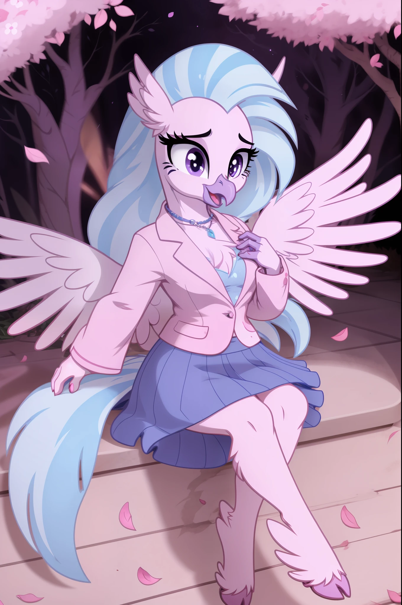 Silverstream_mlp, 1 girl, Griffin Girl, nail, ((beak)), female body, medium breasts, Big eyes, 8K, (Masterpiece), Soft shading, wings, the whole body is visible, foreground,  hooves, beak, blue long tail, luxury, happy, smile, Short blue skirt, mouth open, mouth open, Flowers, Petals in the air, Very happy, Strict business suit, blazer
