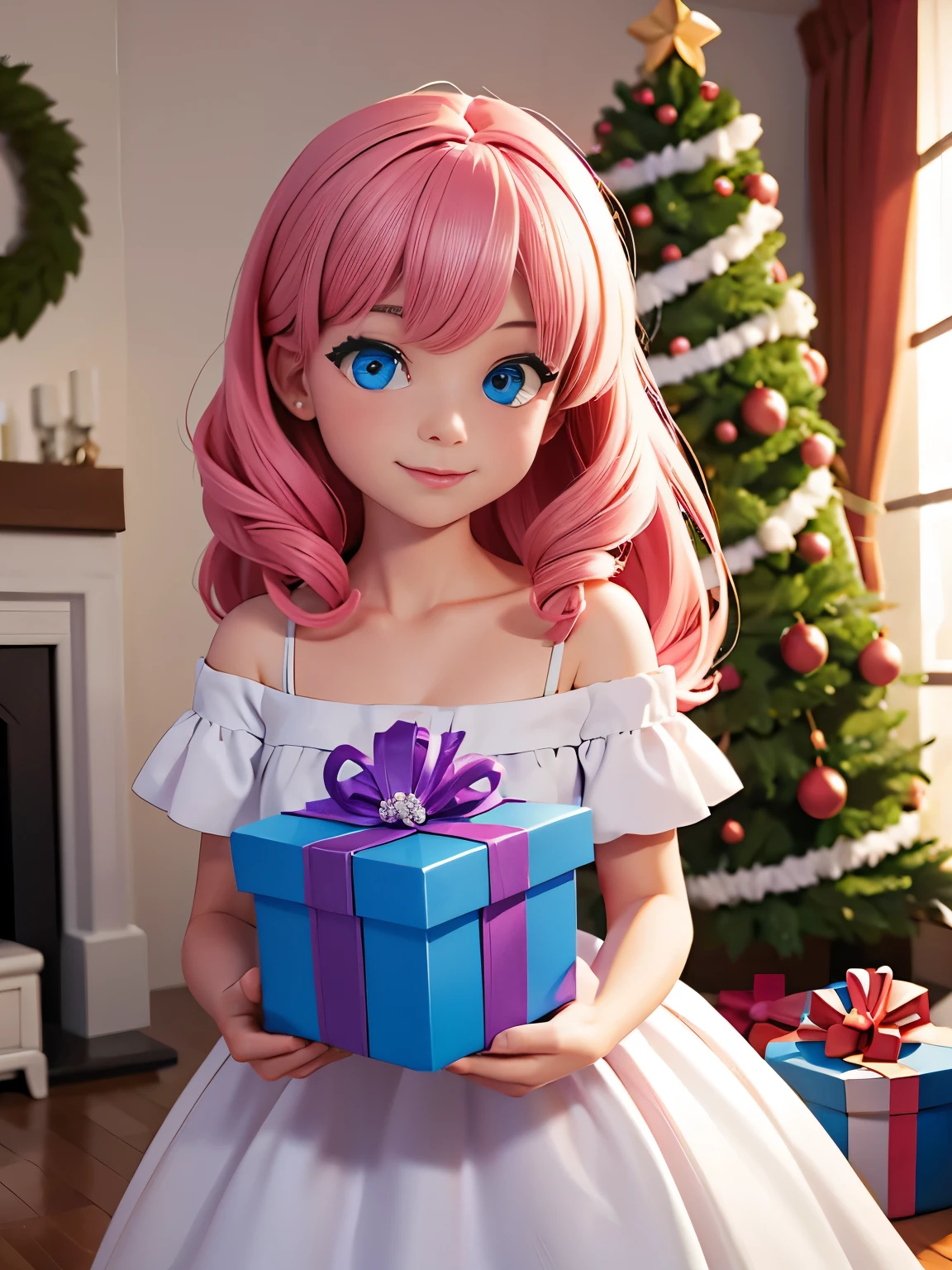 Imagem 8K UHD super realista (((obra de arte))), (((melhor qualidade))), ((ultra definition)), de uma linda e sorridente garota da Disney em 3D, olhos azuis. Cabelo rosa. Vestidinho branco, opening Christmas gifts next to the tree in the room, 1 garota animada, rosto lindo e brilhante