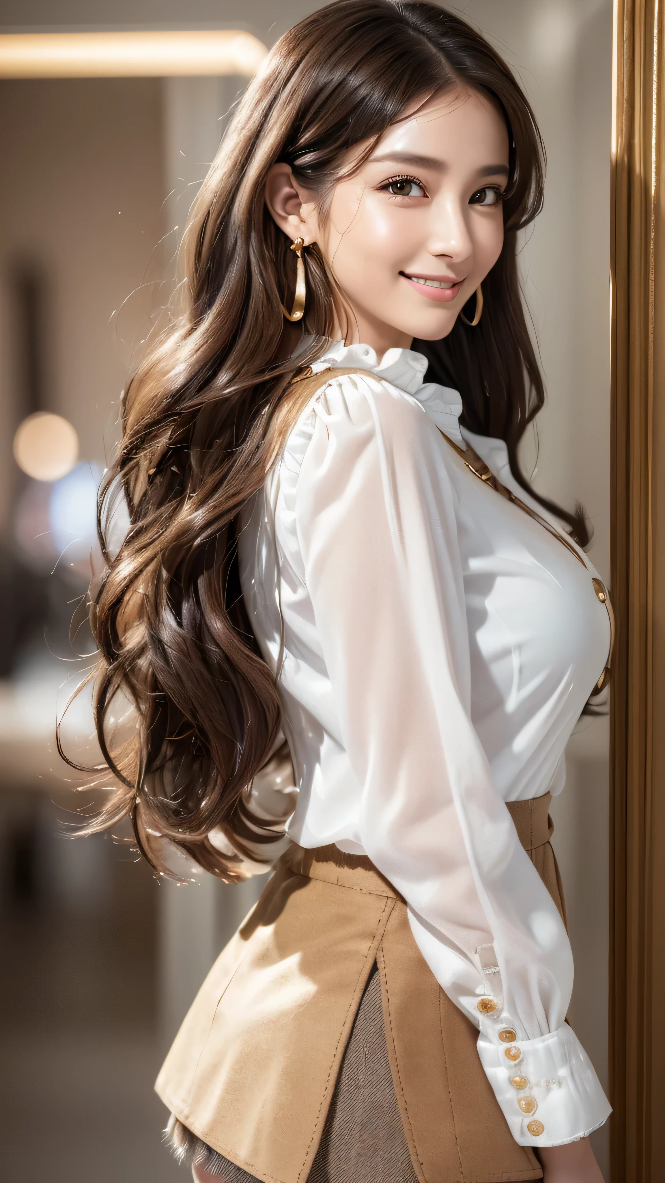 (8K, 超A high resolution,The ultra -The high-definition、Raw photo、 Best Quality, masutepiece:1.5)、RAW portrait of japanese girl、超A high resolution、top-quality、 (huge-breasted、stick out chest:1.3)、{Hide all breasts},((white long sleeve button blouse_puffy sleeves_brown tweed miniskirt:1.3)),((Open the inseam:1.7)、(fitting room:1.2) BREAK (Natural Skin Texture、Detailed skin、Hyper-Realism、ultra sharpness)、intricate detailes、depth of fields、Sexy adult woman、((masterpiece、top-quality、high-detail))、(Photorealsitic:1.4)、solo、closes mouth、Smile happily、big eye、Distinct double eyelids、Absolute area、Clean collarbone、face perfect、thin lips、a small face、(gazing at viewer、Highlights in the eyes、Light brown eyes、lipgloss)、(From the side:1.2),((Super long brown hair:1.2))、((Hair with loose waves inside:1.2)),((gold necklace_Large earrings:1.2)),((shy smile:1.3))